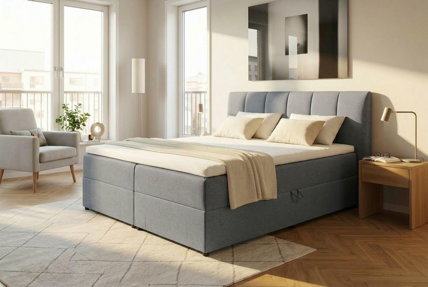 Bega 'Granada 2' Boxspringbett mit Bettkästen, Taschenfederkern-Matratze & Topper, Stoff grau, 180x200 cm Bild 1