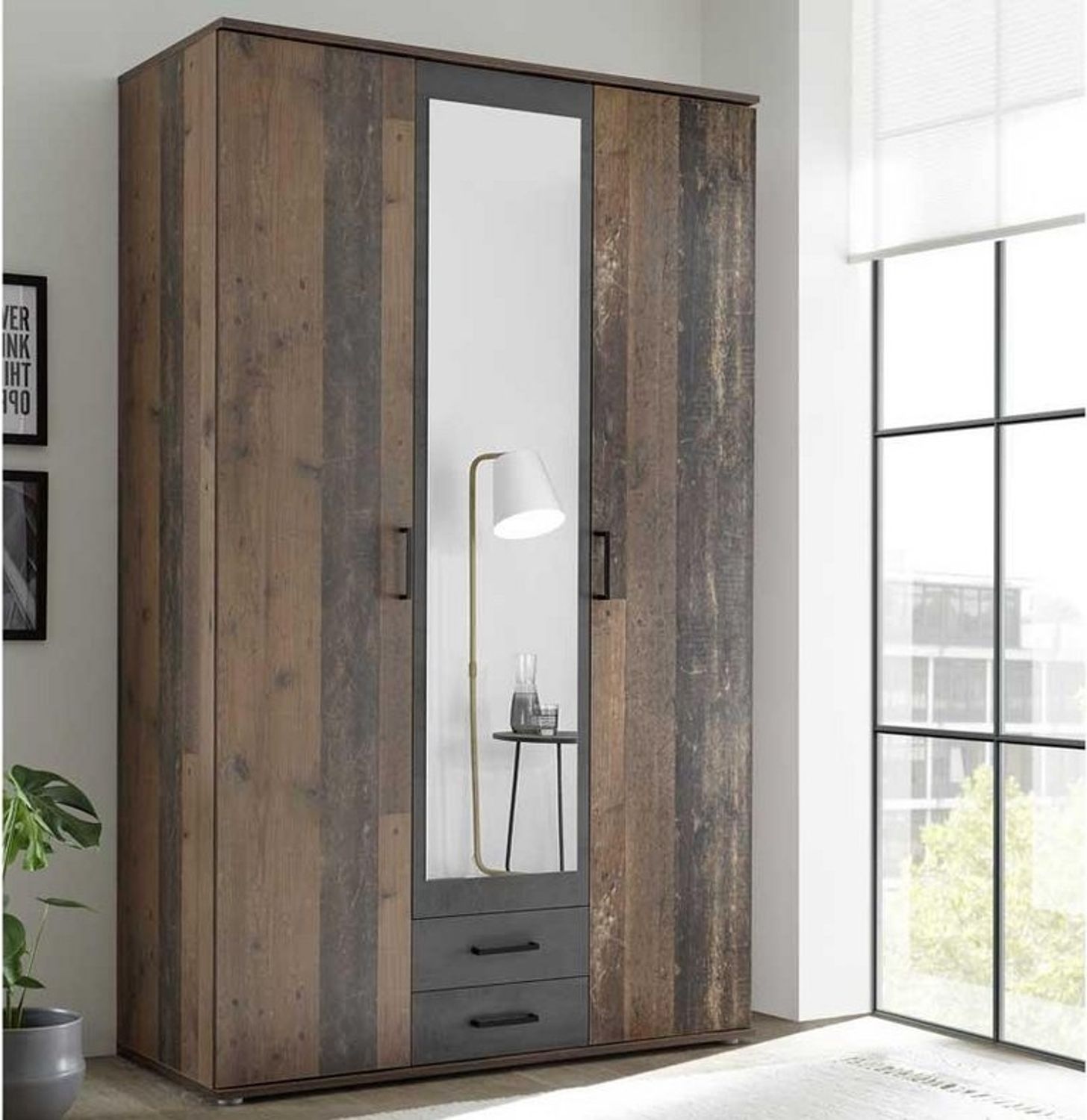 POL Power 'Chicago' Kleiderschrank mit Spiegel, 3-türig, Old Style/Betonoxid Optik, 120 x 197 x 54 cm (B/H/T) Bild 1