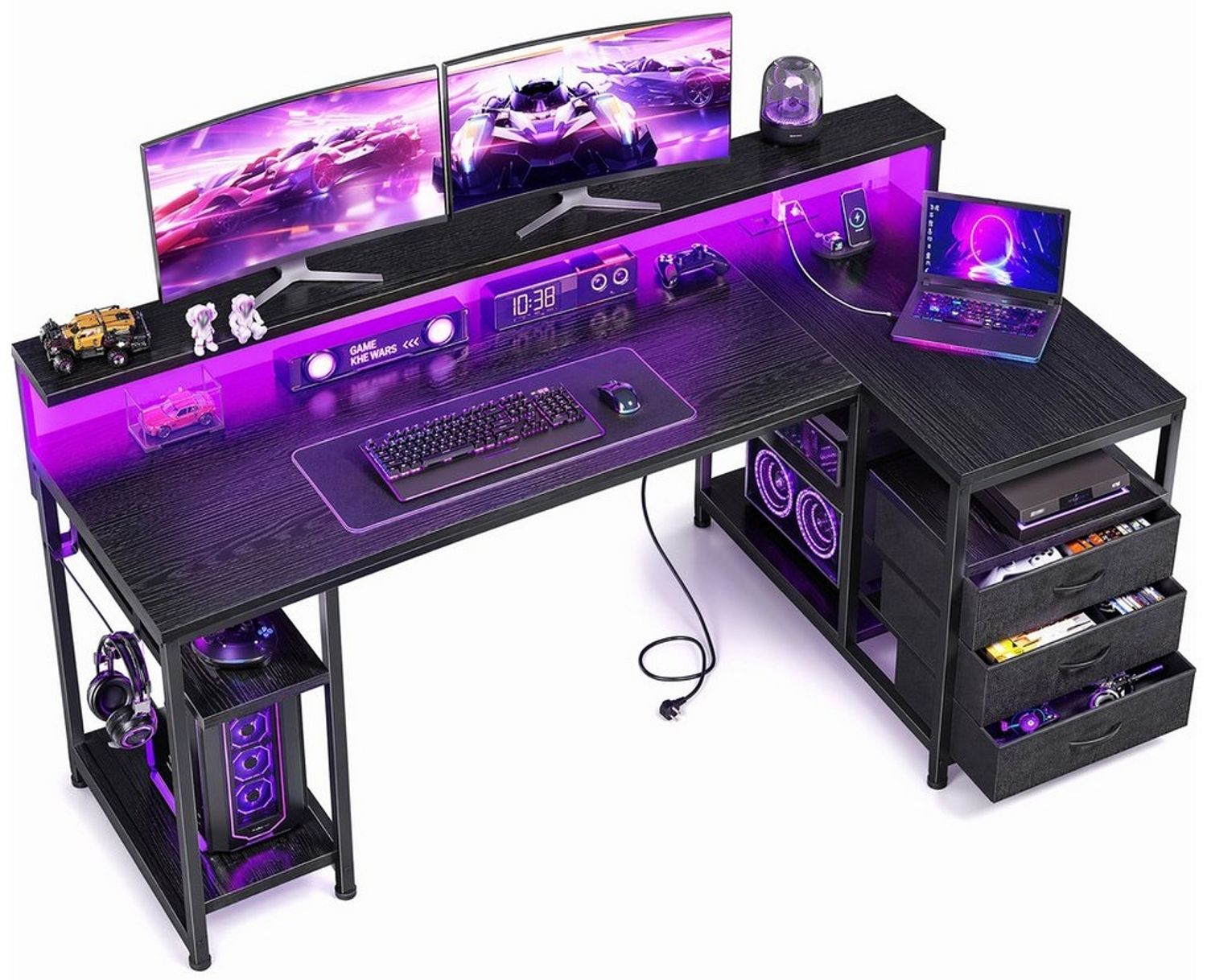 Klyvvo Schreibtisch mit 3 Schubladen, Gaming Schreibtisch L Form mit LED (1-St), mit Stauraum für Homeoffice und Gaming, Schwarz Bild 1