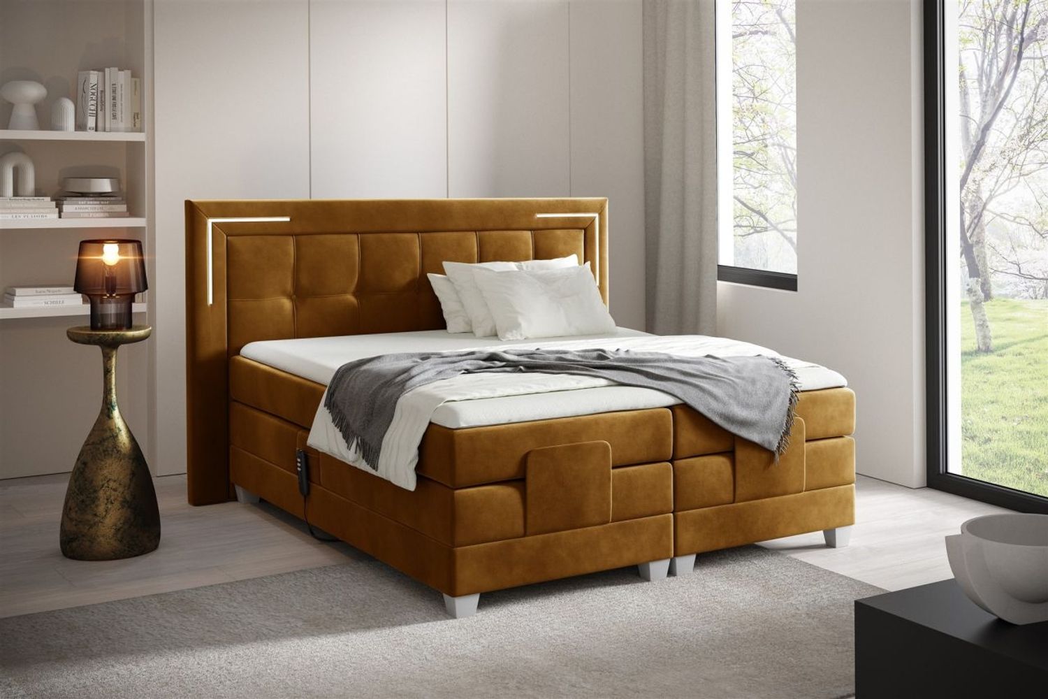 Boxspringbett Elektrisch Bett DORES 160x200cm in Stoff Fresh Senfgelb Bild 1