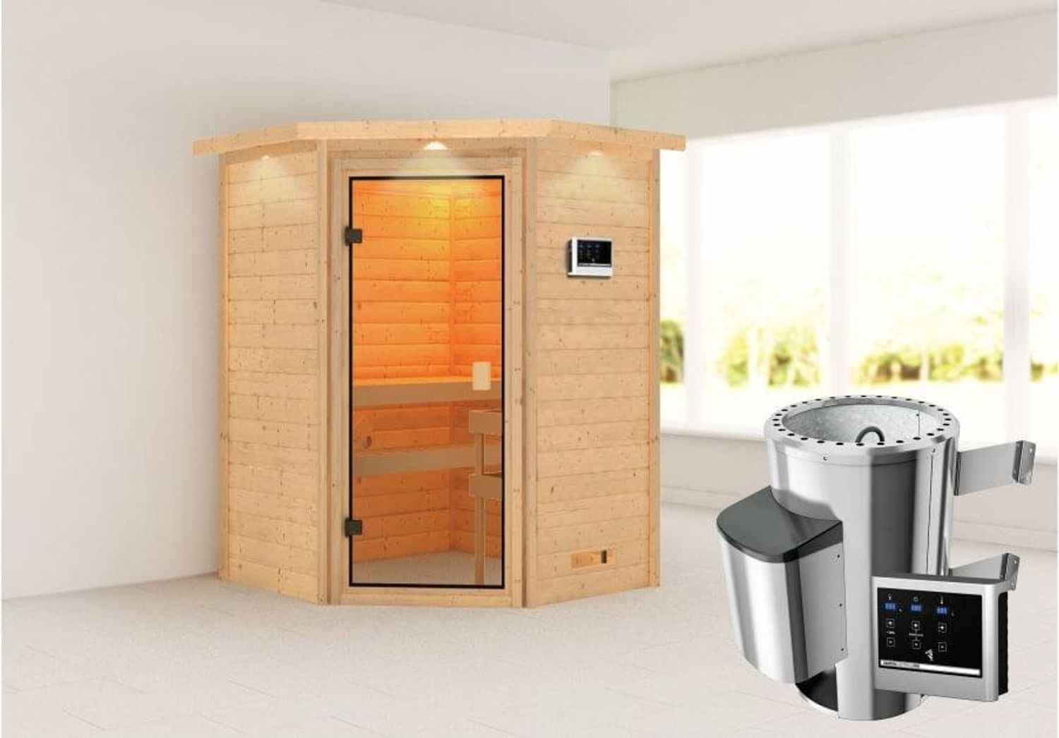 Karibu Ecksauna Antonia mit Dachkranz + 3,6kW Plug&Play Ofen externe Steuerung Bild 1