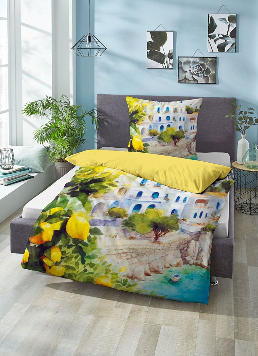 Sympathica Satin Bettwäsche 155x220 cm Amalfiküste Häuser Zitronen Wende Bild 1