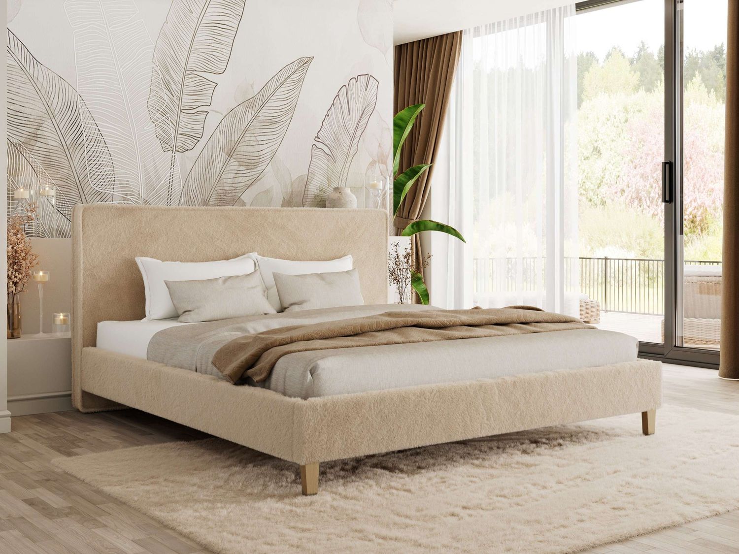 Design Polsterbett LUMARO CLASSIC 140 x 200 cm mit Lattenrost & 12cm hohen Füßen, Doppelbett mit Kopfteil, Konfigurierbar, Pocket Matratze - Beige Plüsch - VIRE LUX Bild 1