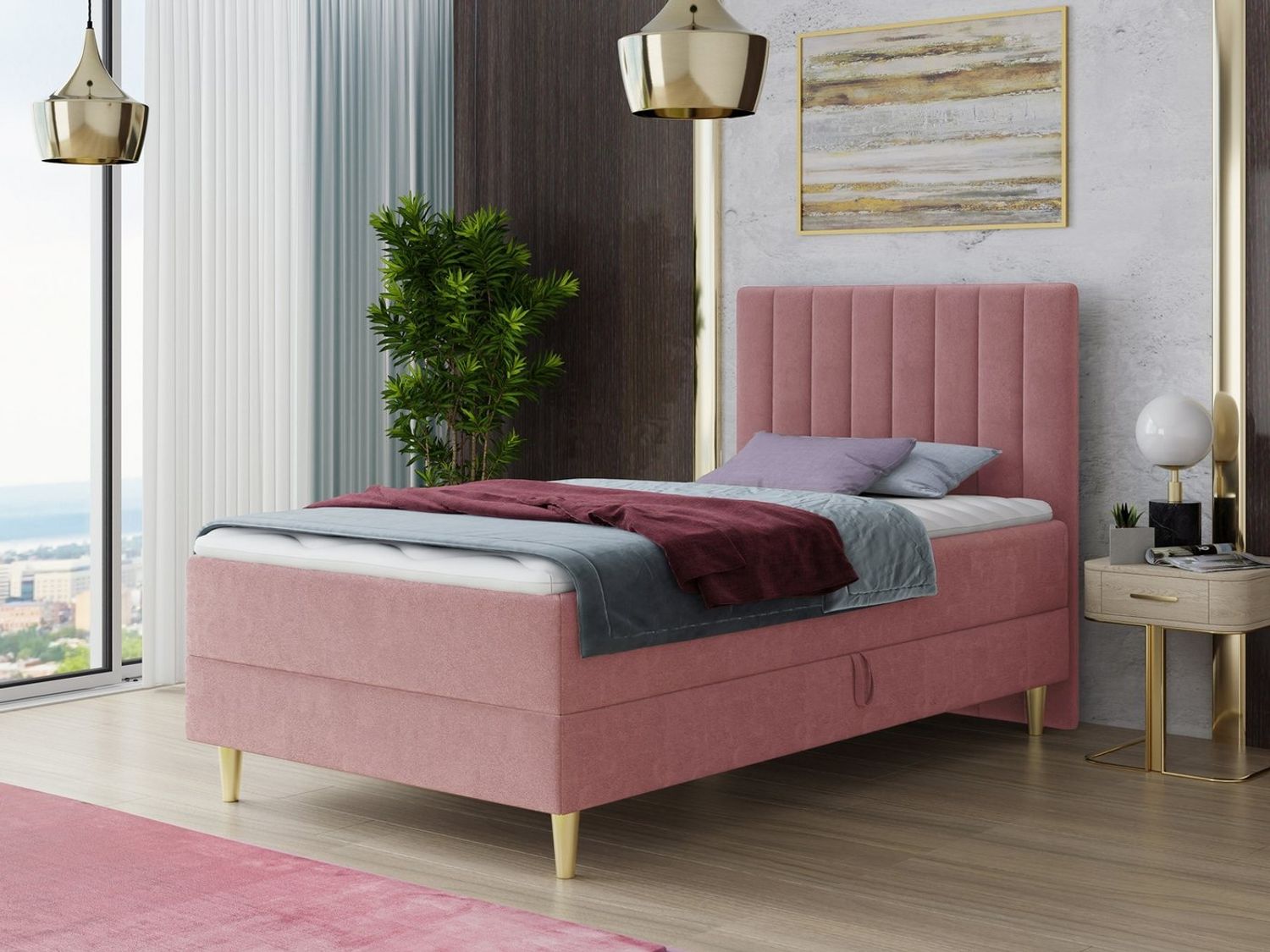 Boxspringbett Gold Mini mit Bettkasten, Bonell-Matratze und Topper - Einzelbett mit Matratzentopper, Polsterbett, Bett, Schlafzimmer, Jugendzimmer, Velours Stoff (Pink (Manila 09), 90 x 200 cm) Bild 1