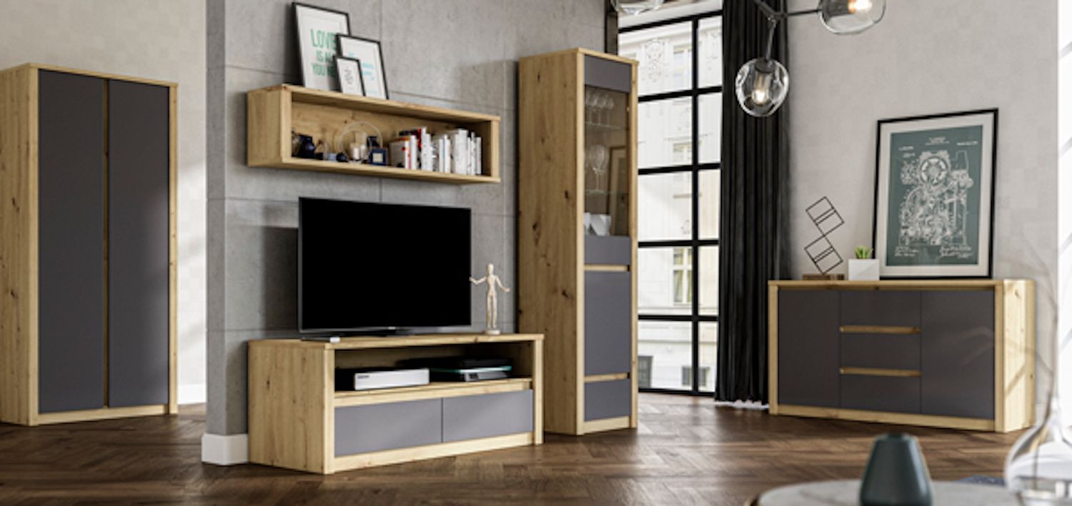 Wohnzimmer-Set ""Malta"" Anbauwand 5-teillig grifflos artisan eiche grau Bild 1
