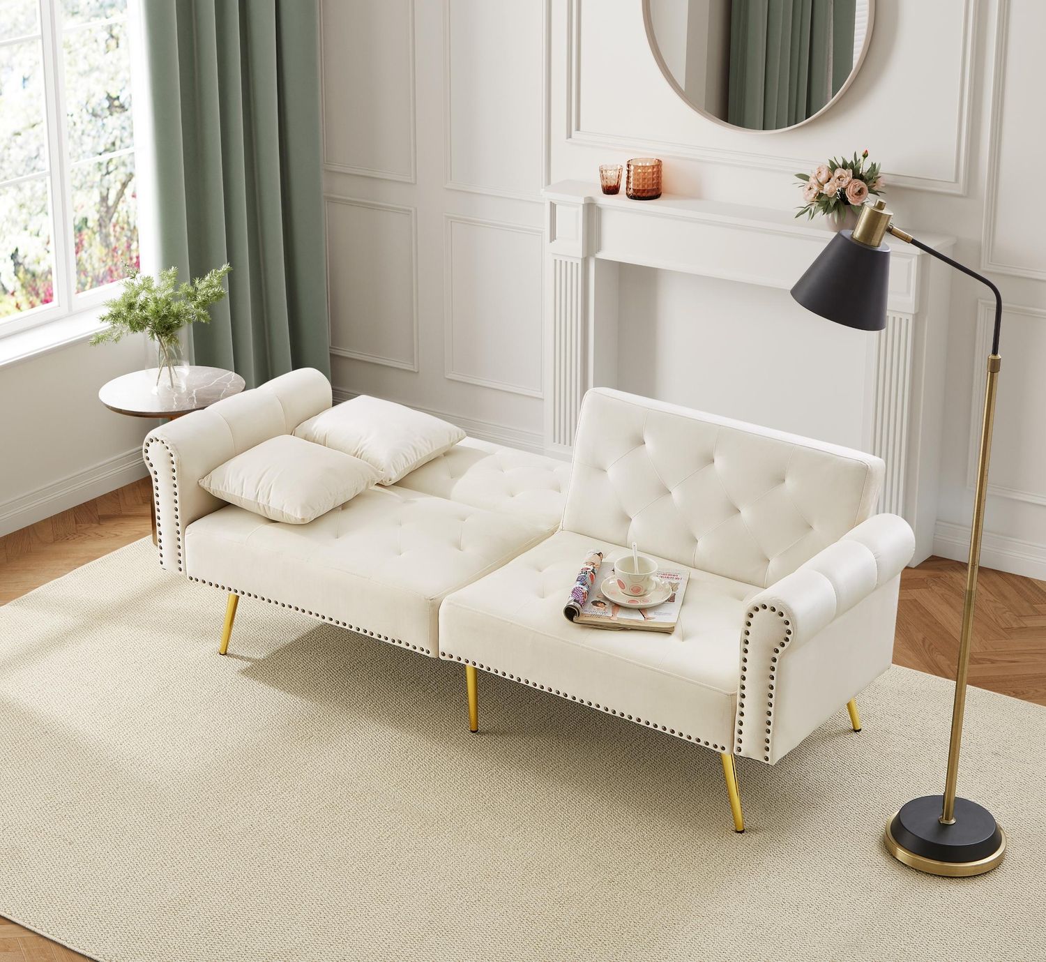 Sofa 2-Sitzer mit Sitzfläche 173*75*70 cm, Samtbezug, 3‑stufig verstellbare Doppel-Rückenlehne, Beige Bild 1