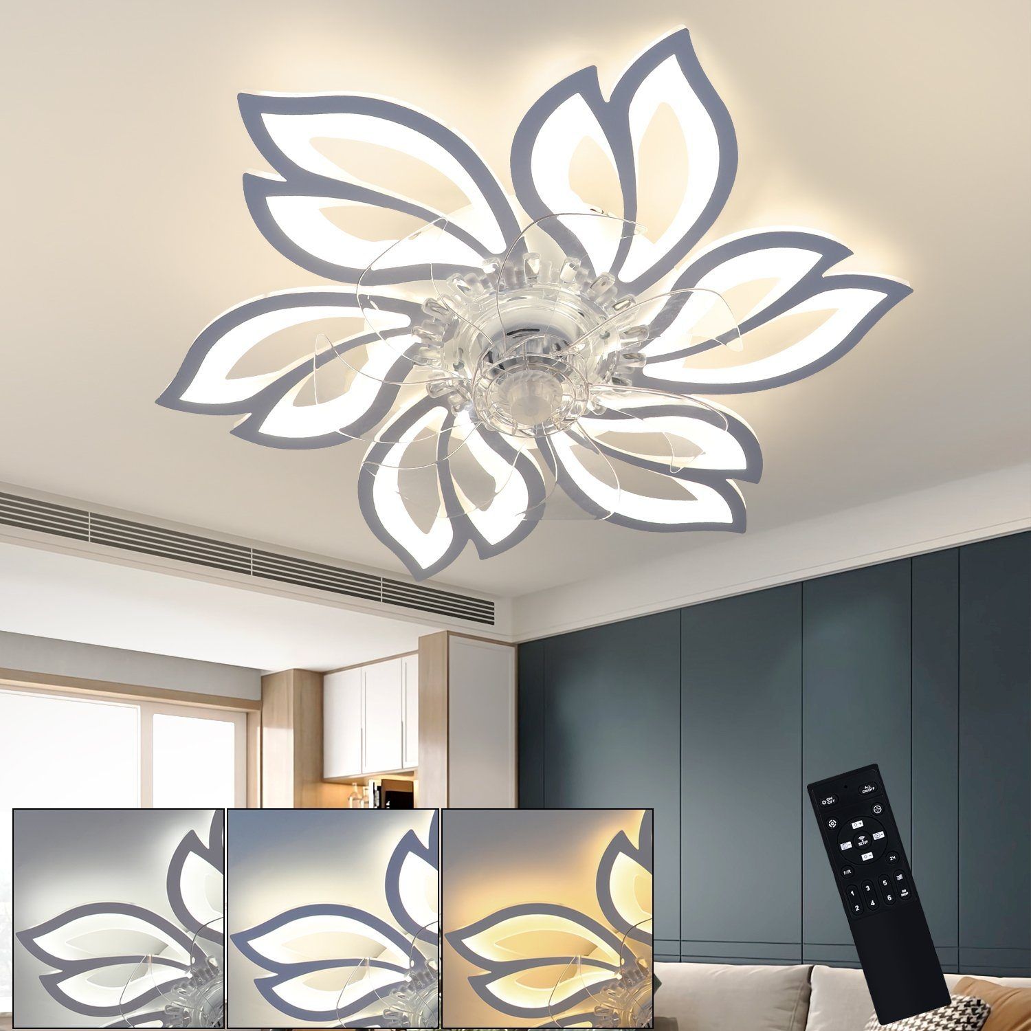 ZMH Deckenventilator mit Licht und Fernbedienung – Dimmbare LED-Deckenlampe, Timerfunktion, Kreatives Design 6 Lichter Bild 1