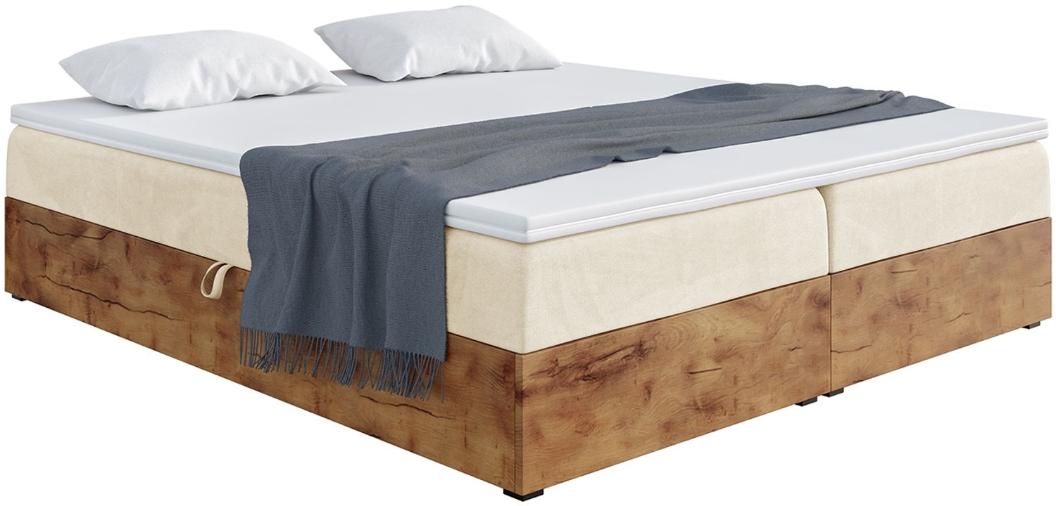 MEBLINI Boxspringbett LOFTY BOX 140x220 cm mit Bettkasten - H4/Beige Samt Polsterbett - Doppelbett mit Topper & Taschenfederkern-Matratze Bild 1