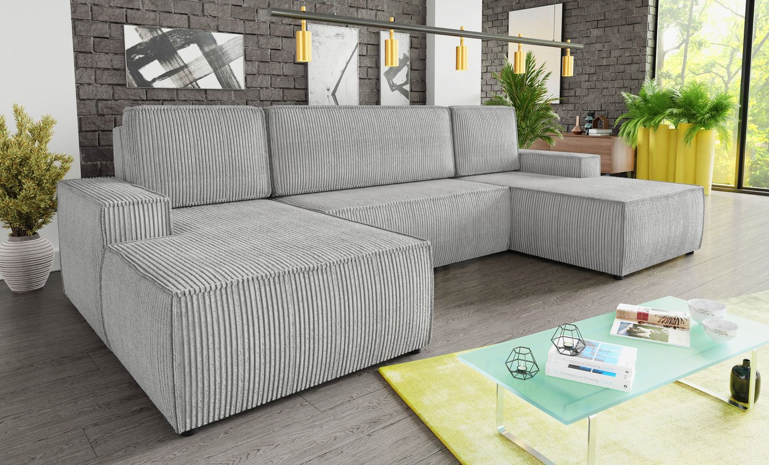 Wohnlandschaft mit Schlaffunktion Totti - U-Form Couch, Schlafsofa mit Bettkasten, Couchgranitur mit Bettfunktion, Big Sofa, Cord Stoff, Wohnzimmer (Grau (Poso 110)) Bild 1