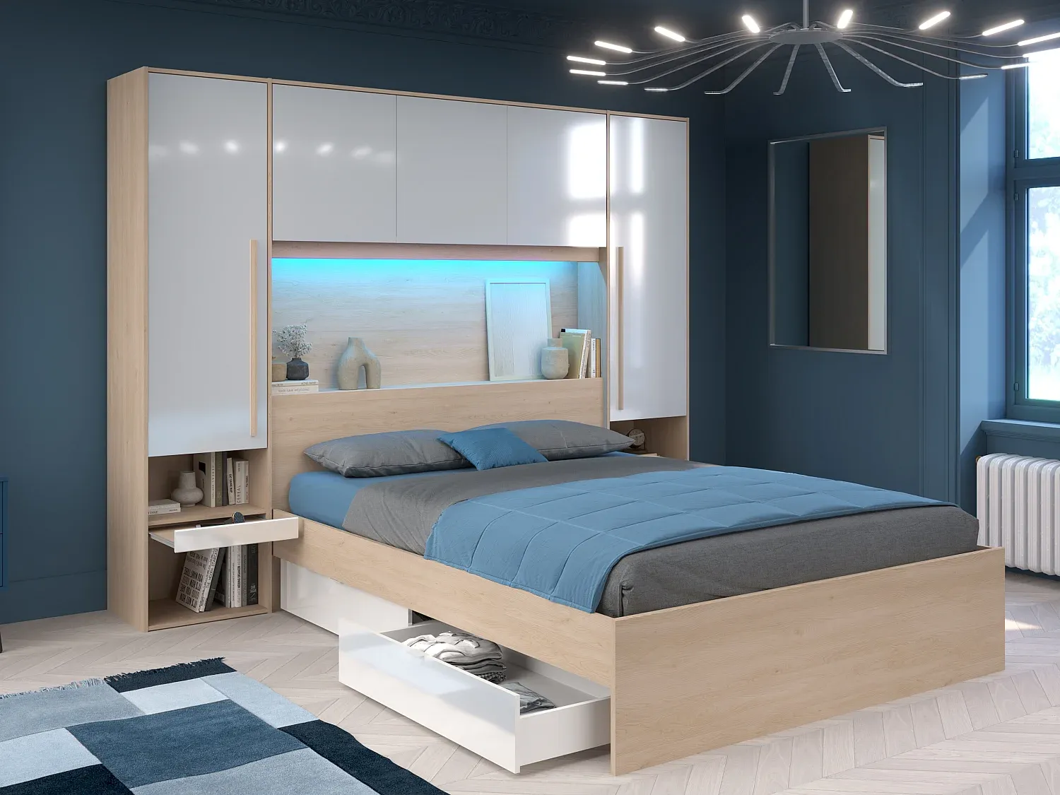 Vente-unique - VELONA Bett Holz, Platte BeigeWeiß - B 243 cm x H 202,8 cm x L 265,2 cm Bild 1