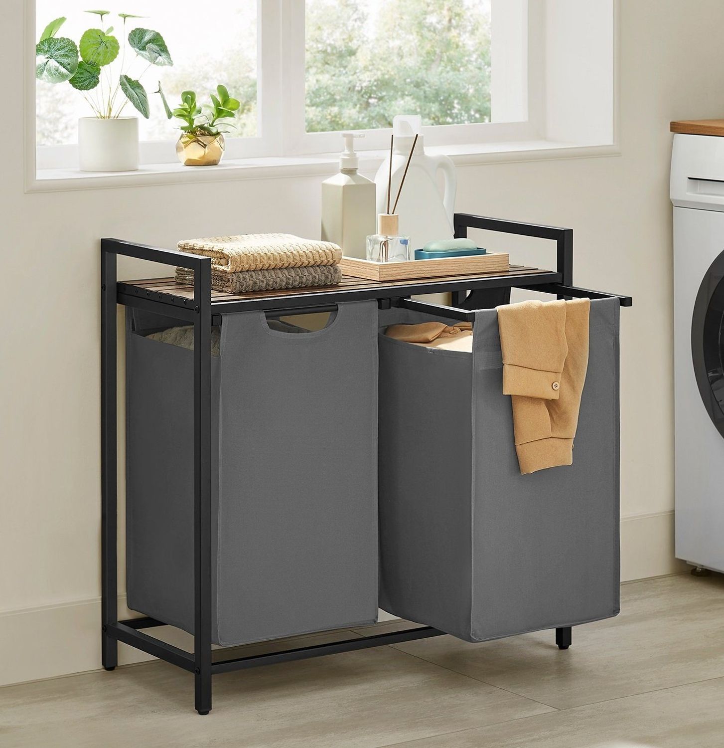 Vasagle Wäschekorb mit 2 Fächer, Metallrahmen Kamelbraun/Grau, 2x46 L / 73 x 33 x 72 cm Bild 1