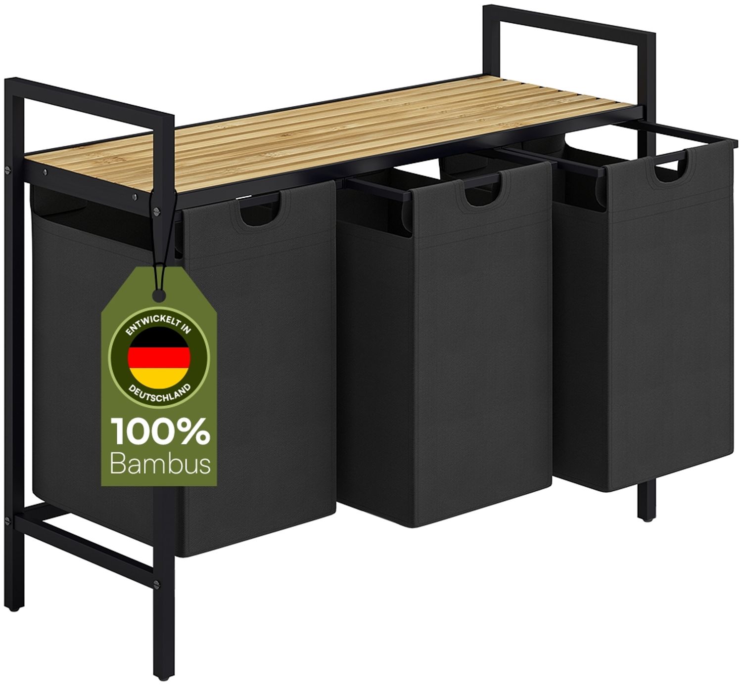 STEELSØN 'Rigil' Wäschesammler, schwarz, Wäschekorb inkl. 3 Wäschesäcke je 40 Liter aus Oxford-Gewebe, ausziehbar, Wäschebox mit Bambus-Ablagefläche Bild 1