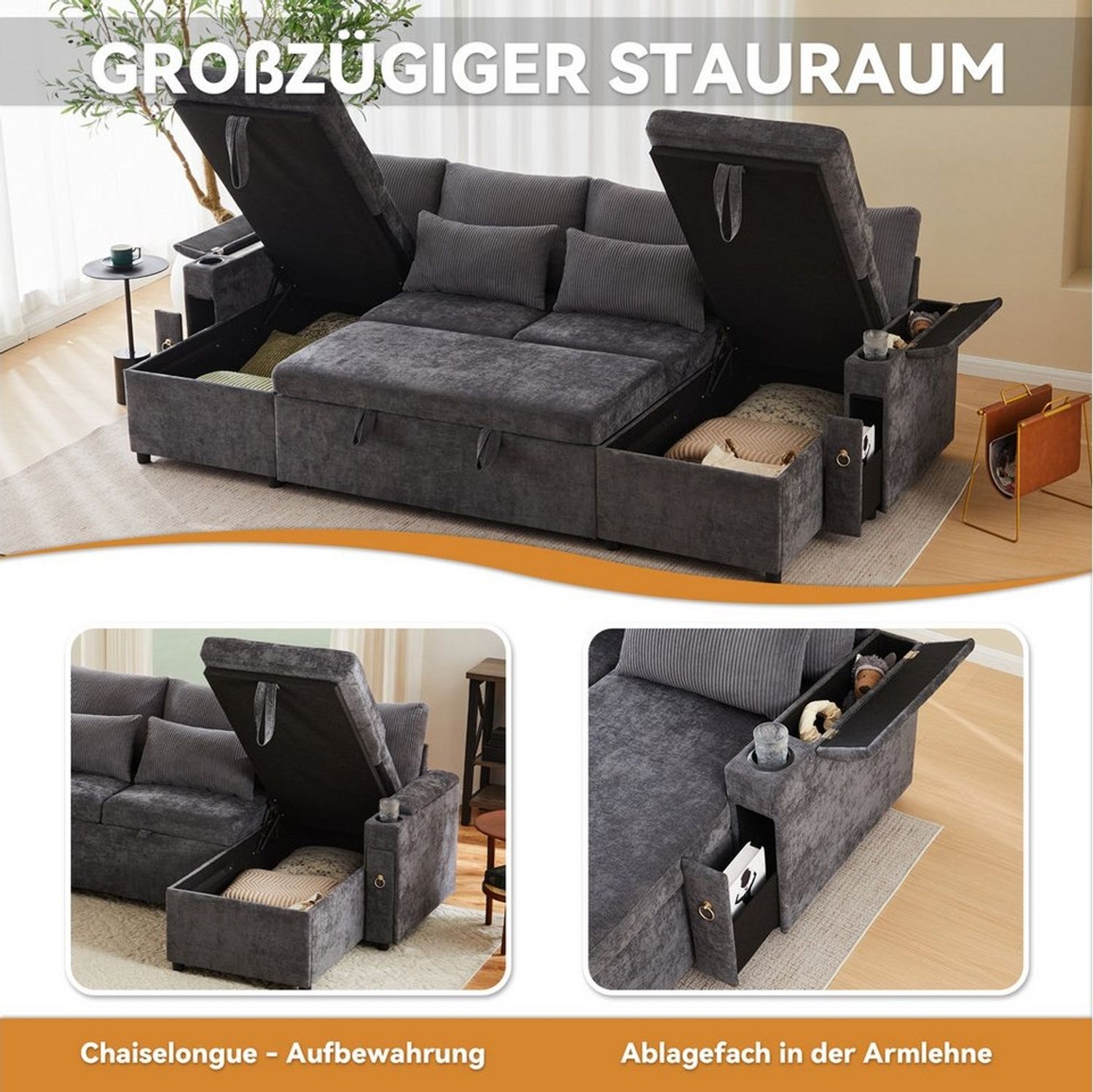 i@home Ecksofa Umwandelbares U Form Schlafsofa mit Schlaffunktion, mit Armlehnen Stauraum und Getränkehalter,Beige/Grau, 272*131*84cm Bild 1