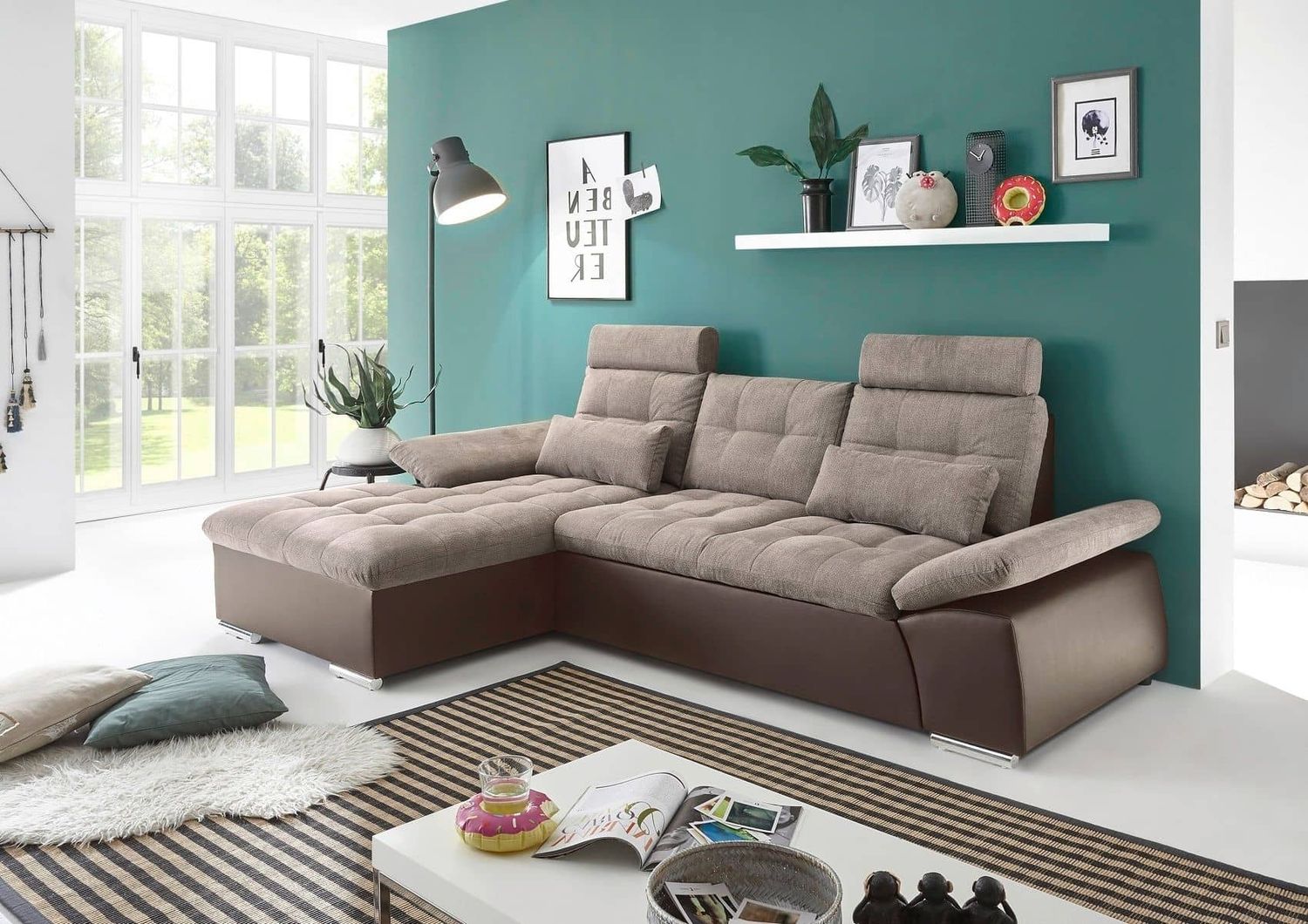 Ecksofa Couch Schlafcouch Schlafsofa Lederlook braun beige Ottomane links L-Form Bild 1