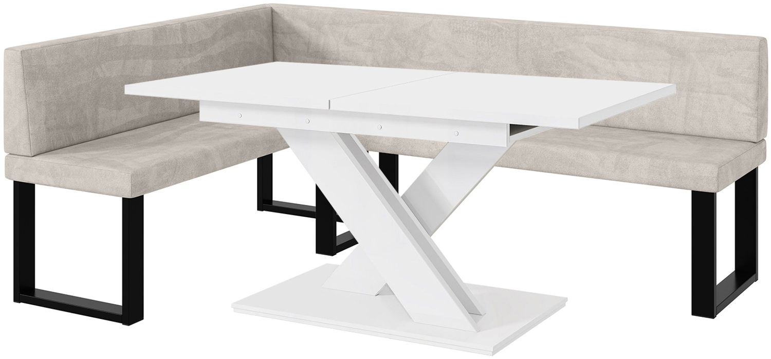 MEBLINI Eckbank für Esszimmer mit ausziehbarem Tisch - Küchenbank - Essecke - Sitzecke Küche - TONI - U-Beine 142x196x87cm Links - Beige Samt/B Weiß Matt Bild 1