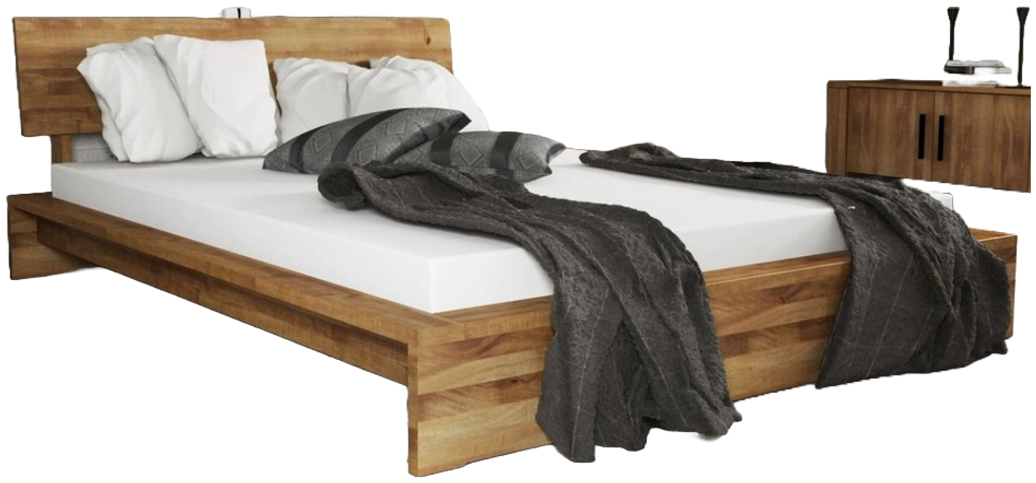 Bett Lubic 2 aus Wildeiche massiv 80x200 mit Holzkopfteil und Holzfußgestell Bild 1