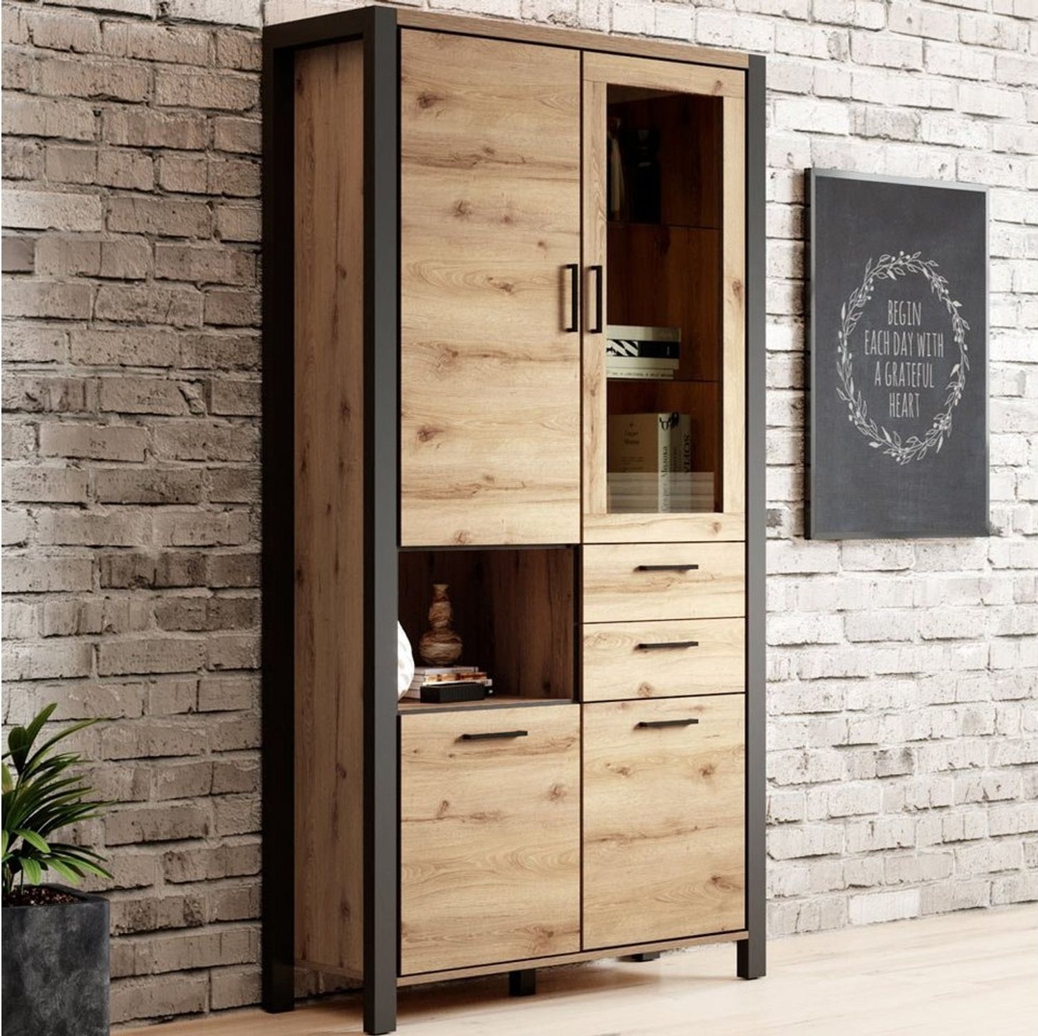 Wohnzimmer Vitrinenschrank ACCRA-83 in Taurus Eiche Nb. mit LED Beleuchtung, B/H/T: ca. 100/200/41 cm Bild 1
