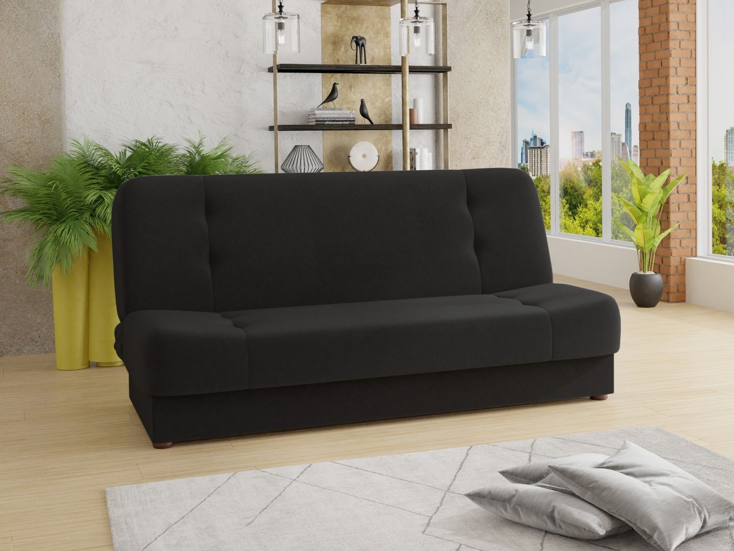 Schlafsofa Sena - Sofa mit Schlaffunktion und Bettkasten, Velours Stoff, Bettsofa mit Bonell-Federkern, Couch (Schwarz (Manila 18)) Bild 1