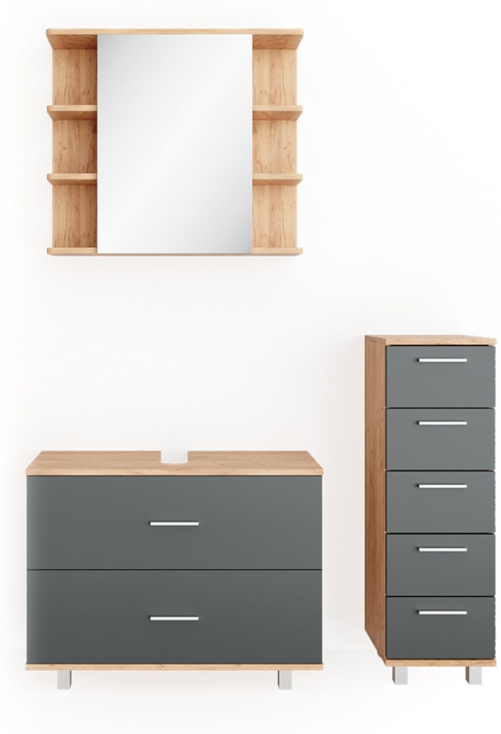Badmöbel-Set Ilias Anthrazit/Goldkraft Eiche 3 Teile, mit Unterschrank 80 cm Vicco Bild 1