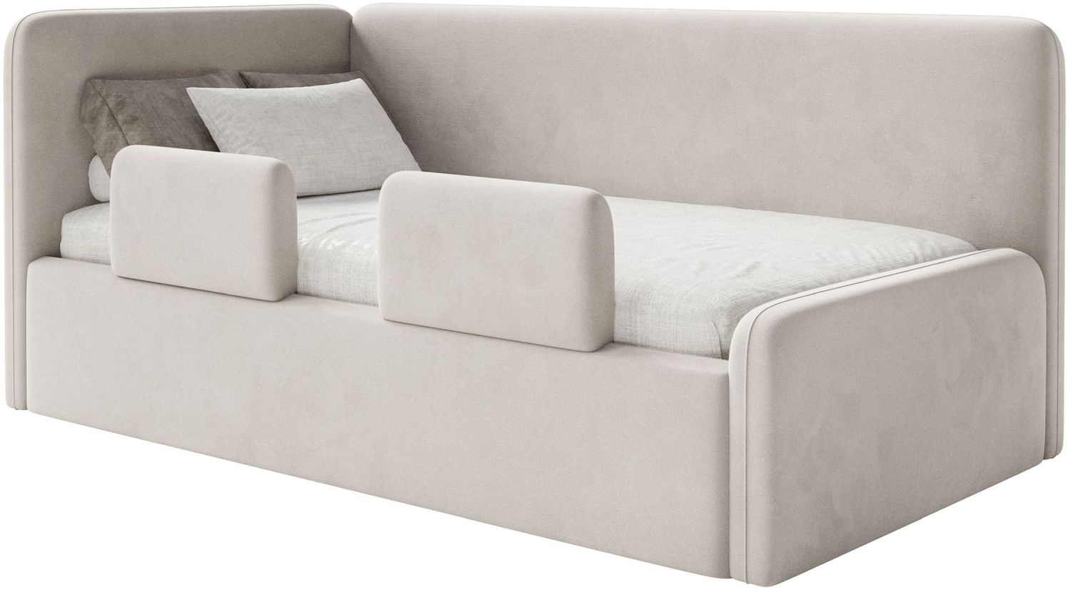Selsey 'Fanko' Kinderbett 90x200 cm mit Rausfallschutz, Kopfteil links, Samt, Hellbeige Bild 1