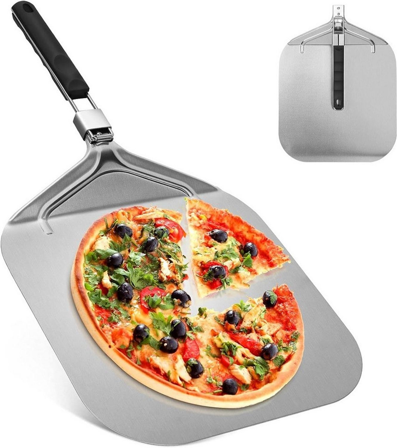 SinLaw Pizzaschneider Pizzaschieber Aluminium, Pizzaschaufel für den Grill Oder Ofe, mit Praktischen Einklapp-Griff Bild 1