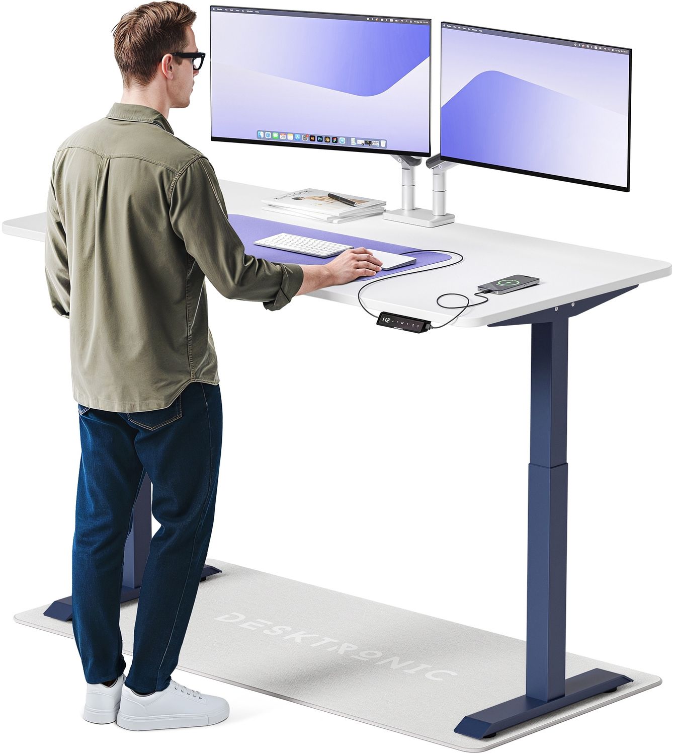 Desktronic HomeOne Elektrisch höhenverstellbarer Schreibtisch 160x80cm Blau/Weiß mit Memory-Funktion, Anti-Kollisions Technologie, USB-A und USB-C-Ladeanschlüssen Bild 1