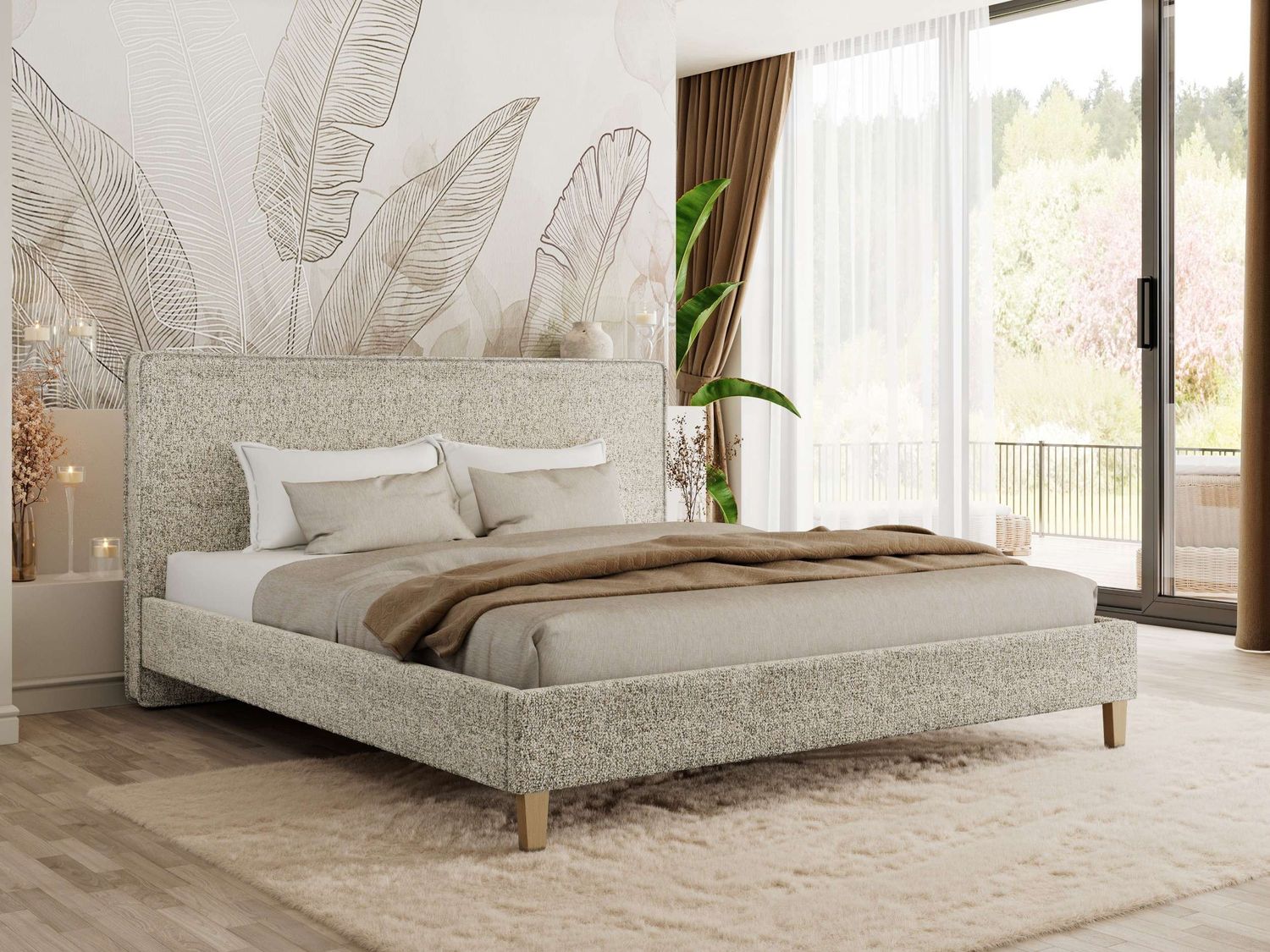 Design Polsterbett LUMARO CLASSIC 200 x 200 cm mit Lattenrost & 12cm hohen Füßen, Doppelbett mit Kopfteil, Konfigurierbar, Pocket Matratze - Beige Strukture - VIRE LUX Bild 1