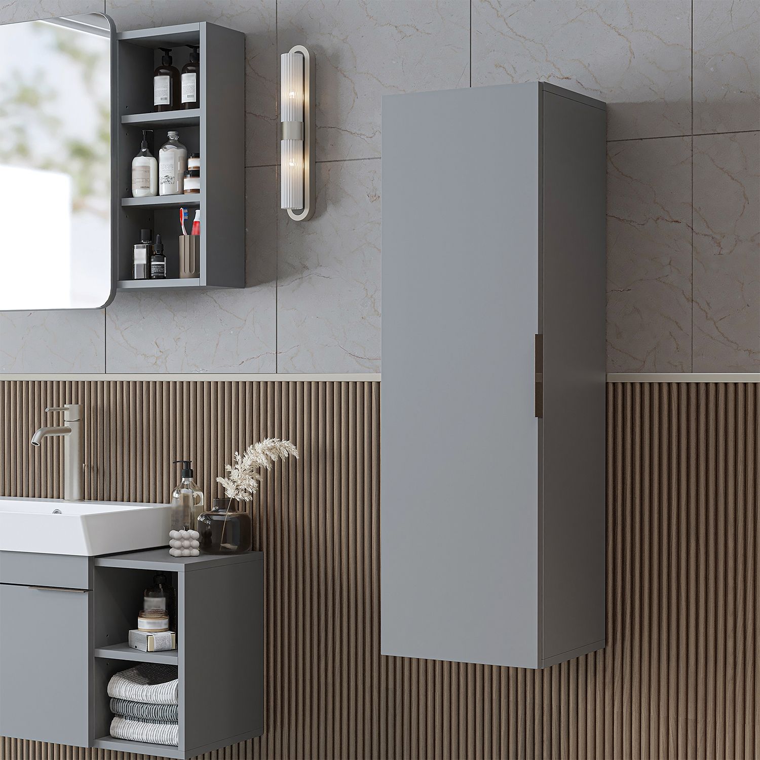 Roomart LYCIA-50 Badmöbel - nur Hochschrank - H 114 x B 32 x T 35 cm • Grau Bild 1