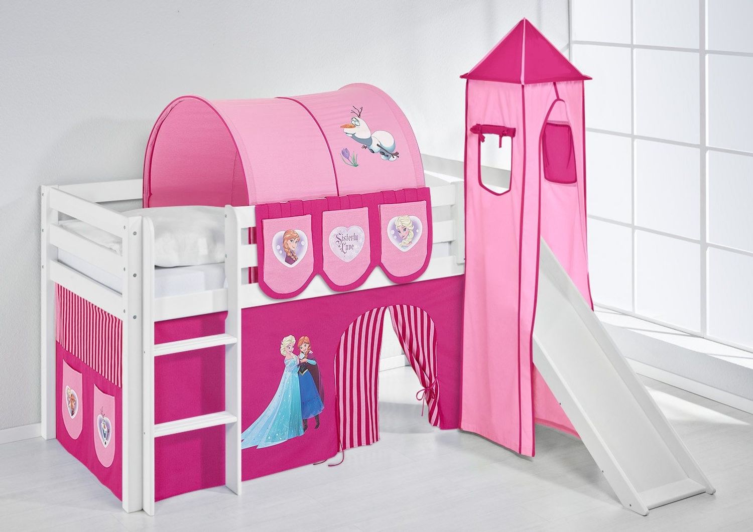 Lilokids 'Jelle' Spielbett 90x190 cm, Eiskönigin Rosa, Kiefer massiv, mit Turm, Rutsche und Vorhang Bild 1
