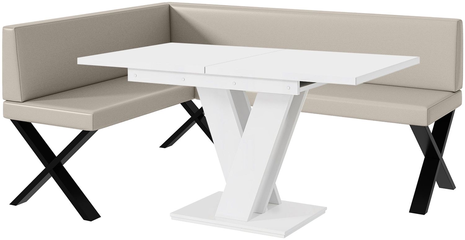 MEBLINI Eckbank für Esszimmer mit ausziehbarem Tisch - Küchenbank - Essecke - Sitzecke Küche - TONI - X-Beine 128x168x87cm Links - Beige Kunstleder/M Weiß Matt Bild 1