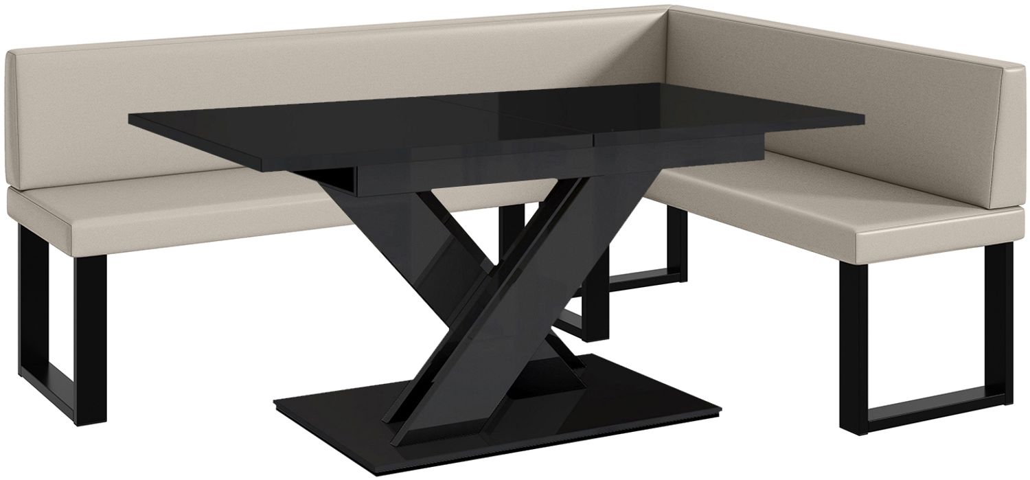 MEBLINI Eckbank für Esszimmer mit ausziehbarem Tisch - Küchenbank - Essecke - Sitzecke Küche - TONI - U-Beine 142x196x87cm Rechts - Beige Kunstleder/B Schwarz Hochgl. Bild 1