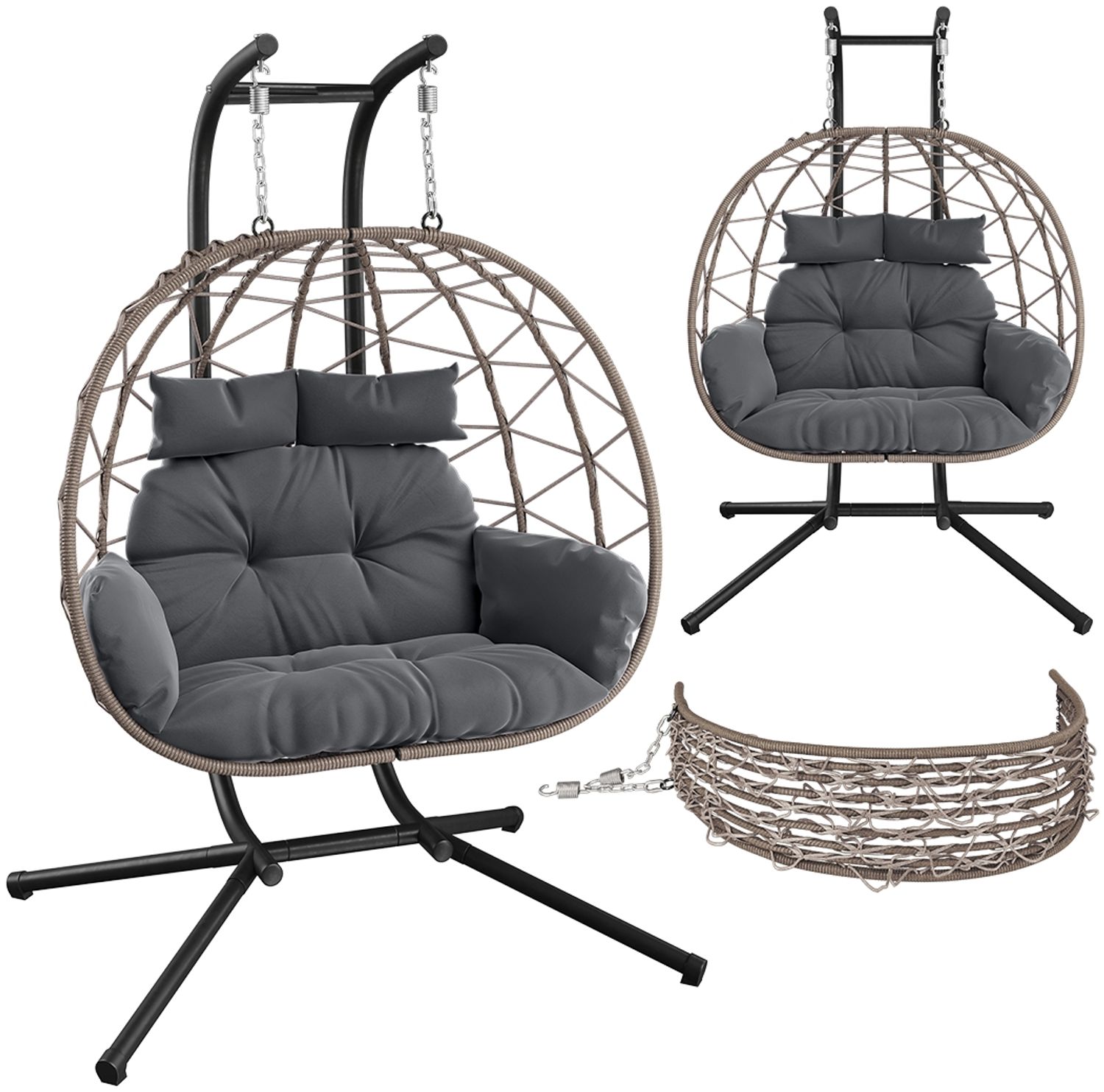 STEELSØN 'Alarian' XXL Doppelhängesessel mit Metallgestell, höhenverstellbar und faltbar, wetterfest, Polyrattan, dunkelgrau/grau-meliert, bis 220 kg belastbar, Hängesessel inkl. Kissen, für 2 Personen geeignet Bild 1