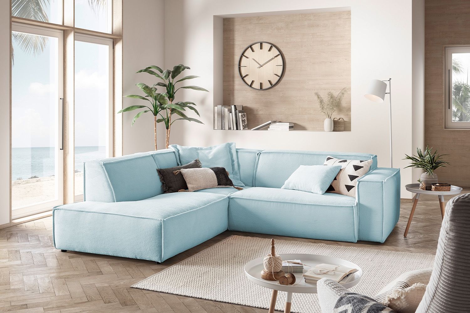 KAWOLA Sofa SAMU Ecksofa Cord hellblau Recamiere links 72 x 224 x 254 cm Bild 1