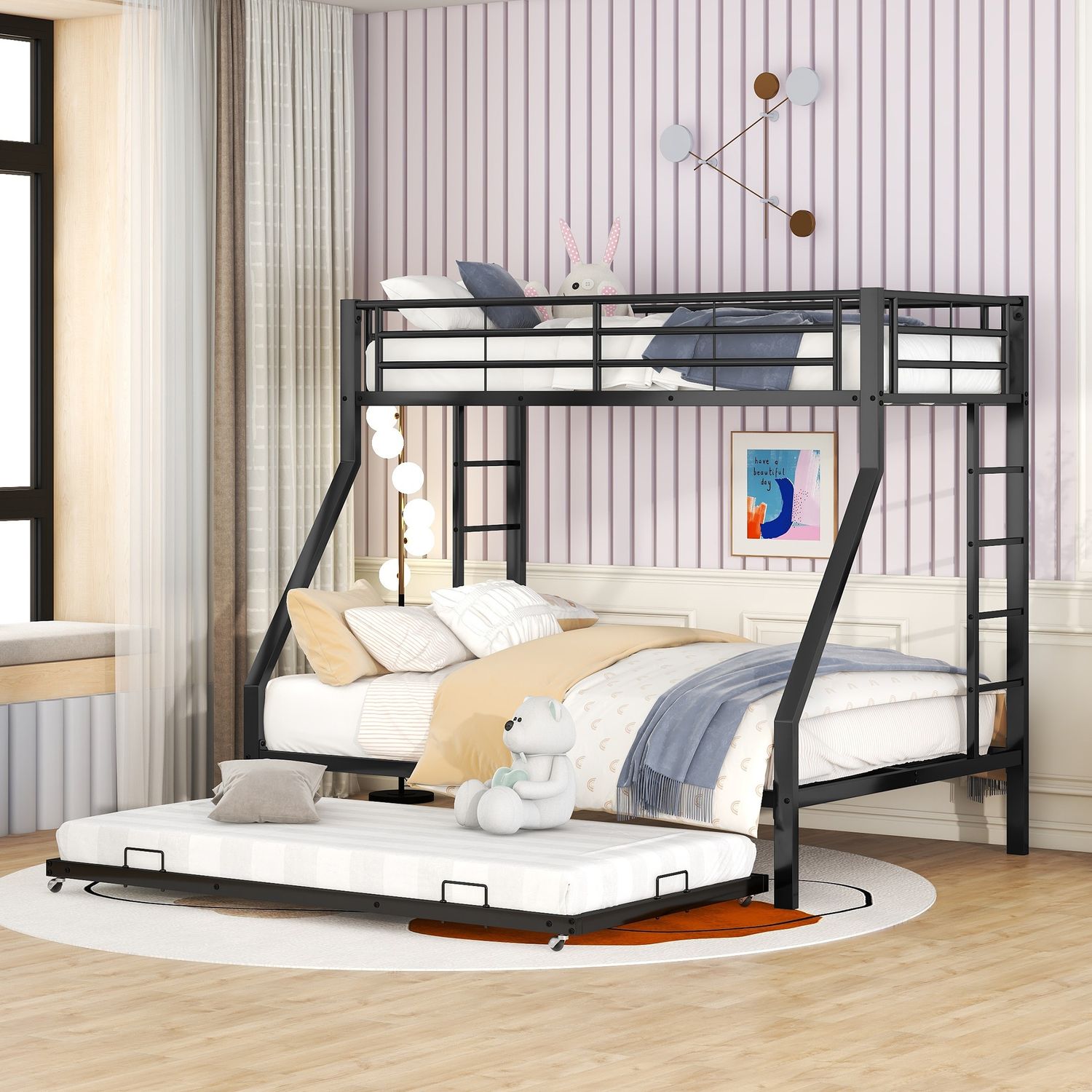 Etagenbett 90/140×200 cm mit Ausziehbett 90×190 cm, Rausfallschutz und Leitern beidseitig, Schwarz, ohne Matratze Bild 1