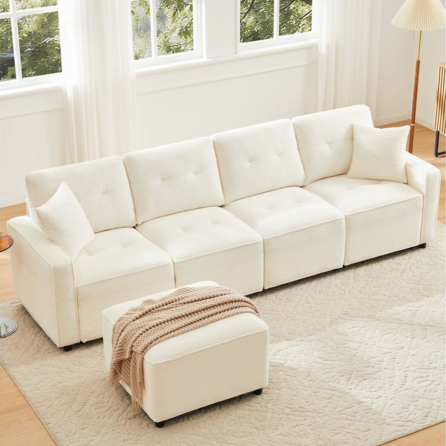 Flieks 4-Sitzer Sofa mit hydraulisches Stauraum und 1 Hocker, L280xT83xH85 cm, L-förmiges Sofa Ecksofa Polstersofa inkl. Kissen, Cordstoff Beige Bild 1
