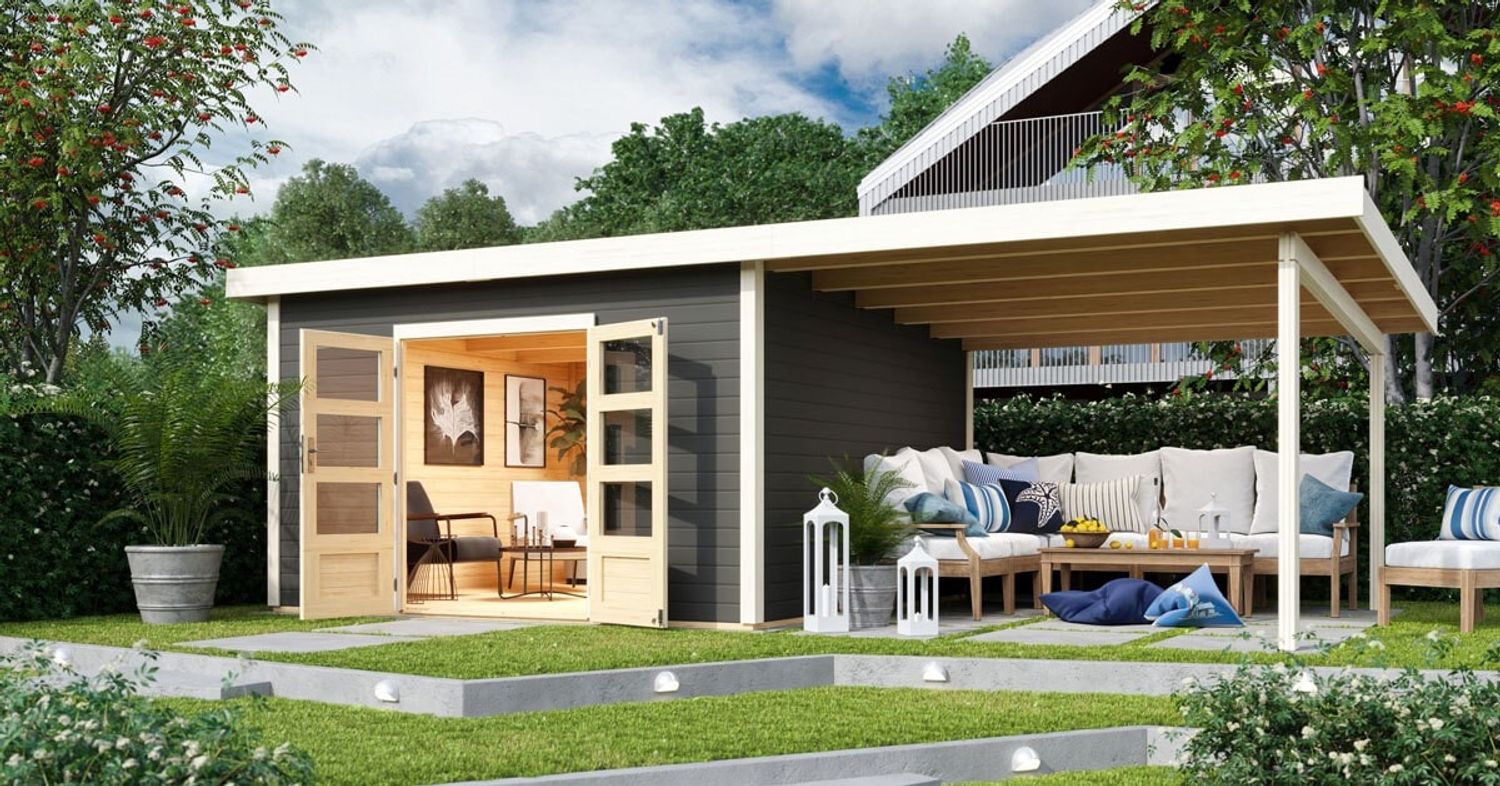 Gartenhaus Northeim 5 - 369x369 cm plus Anbaudach 3,30m, 38 mm Holz terragrau, Karibu Bild 1
