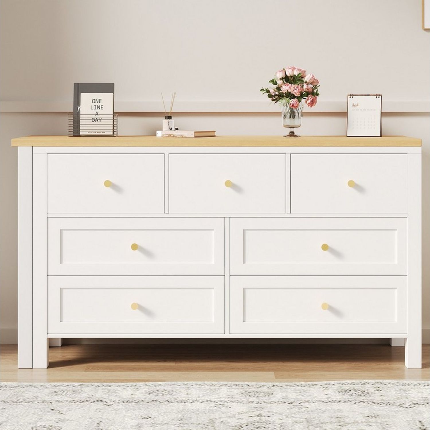 Flieks Kommode mit 360° drehbare Tisch und 7 Schubladen (Tischplatte mit Holzmaserung, 2 St), 2-in-1 Schreibtisch mit Mehrzweckschrank Sideboard weiß&natur Bild 1