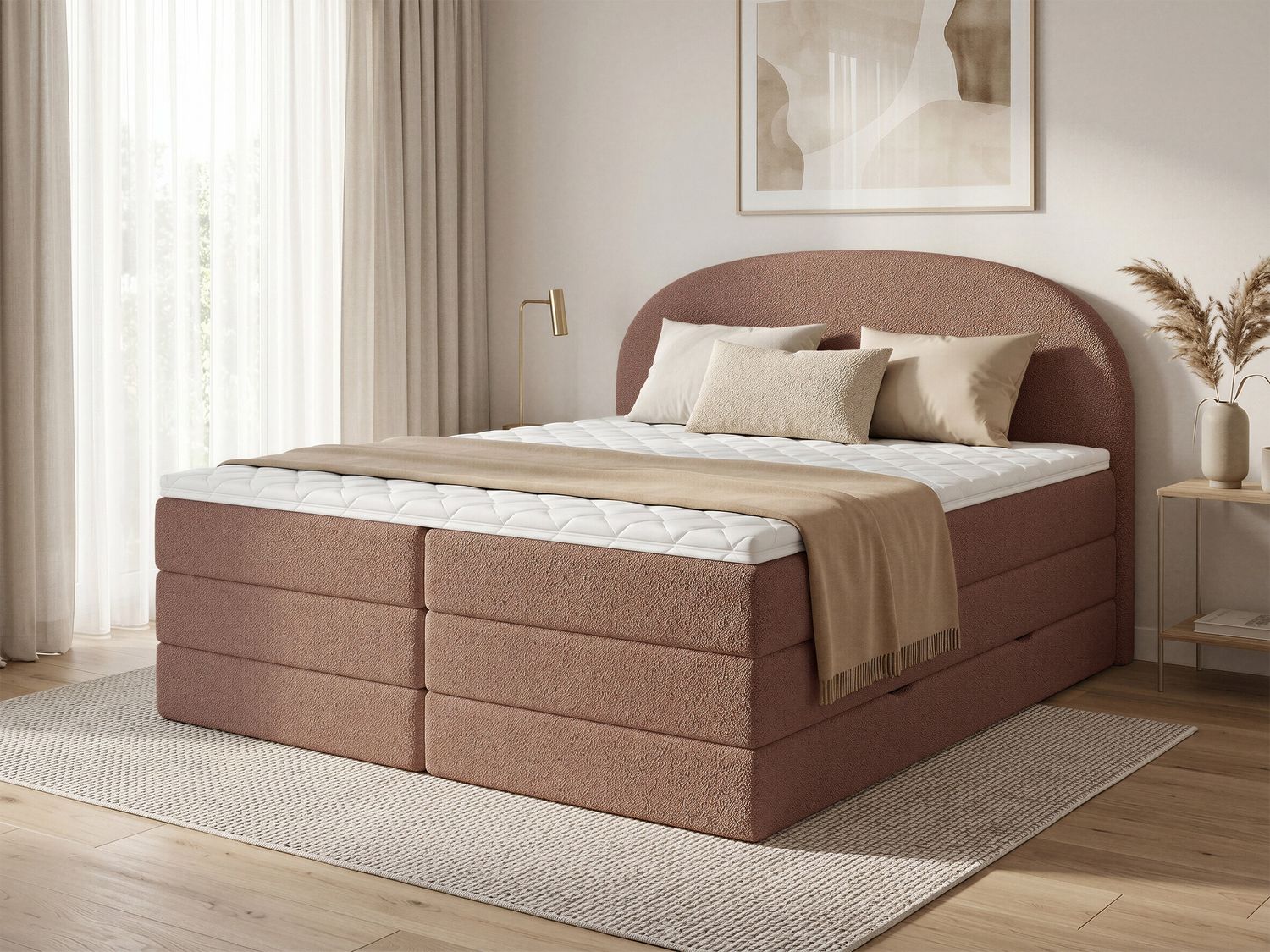 Boxspringbett Cloud XL mit 2 Bettkästen und Topper, mit Taschenfederkern- und Bonellfederkernmatratze, Doppelbett, Polsterbett aus Bouclé-Stoff mit Stauraum (Rosa (Coral 45), 160 x 200 cm) Bild 1