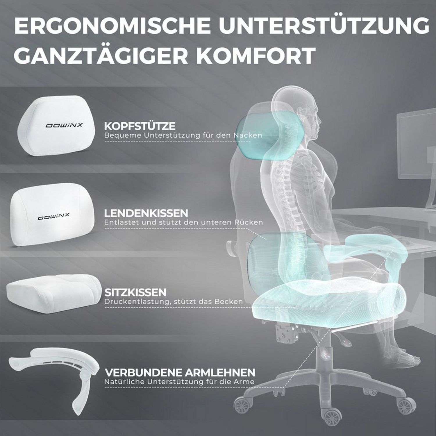 Dowinx Gaming-Stuhl Atmungsaktiver und Ergonomischer Bürostuhl aus Mikrofaser-Velours (Packung), Weiches Sitzgefühl, Verstellbarer Schreibtischstuhl mit Fußstütze Bild 1