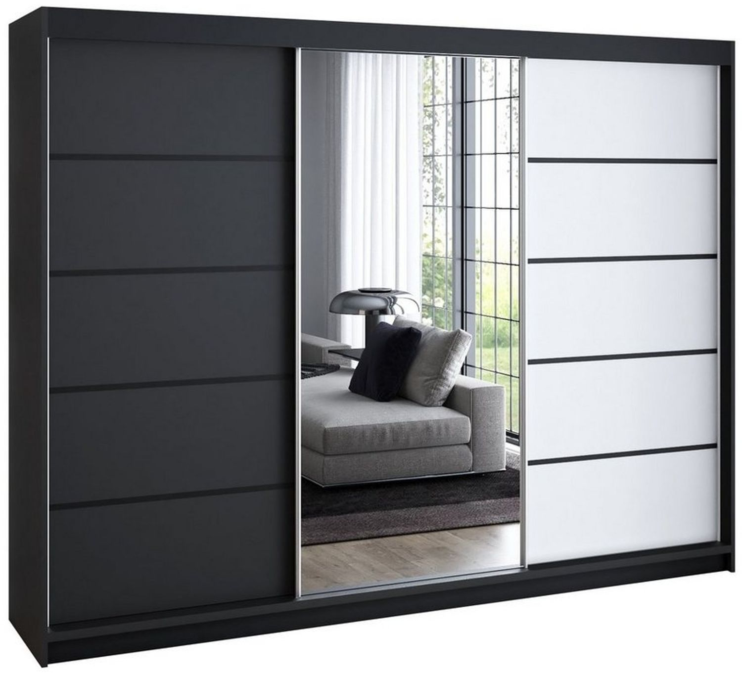 A&J MöbelLand GmbH Schwebetürenschrank VILUNO mit 4 Schubladen und Spiegel (Kostenlose Lieferung – nur für kurze Zeit! TOP ANGEBOT! Geräumiger Schrank mit einer Breite von 200 cm und Spiegel, ideal zur Aufbewahrung von Kleidung und Accessoires. 4 Schub... Bild 1