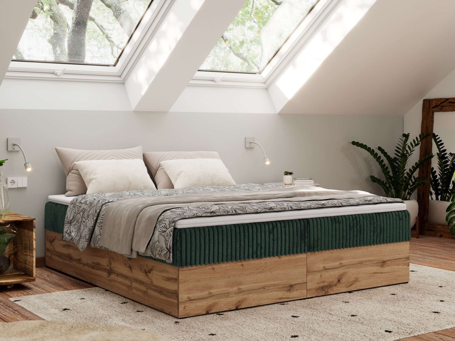 Polsterbett mit Bettkasten, Boxspringbett ohne Kopfteil WOOD ZERO, 7-Zonen Multipocket-Matratze und Topper, modernes Bett für Schlafzimmer - Dunkelgrün Cordstoff - 140 x 200 cm - H4 Bild 1