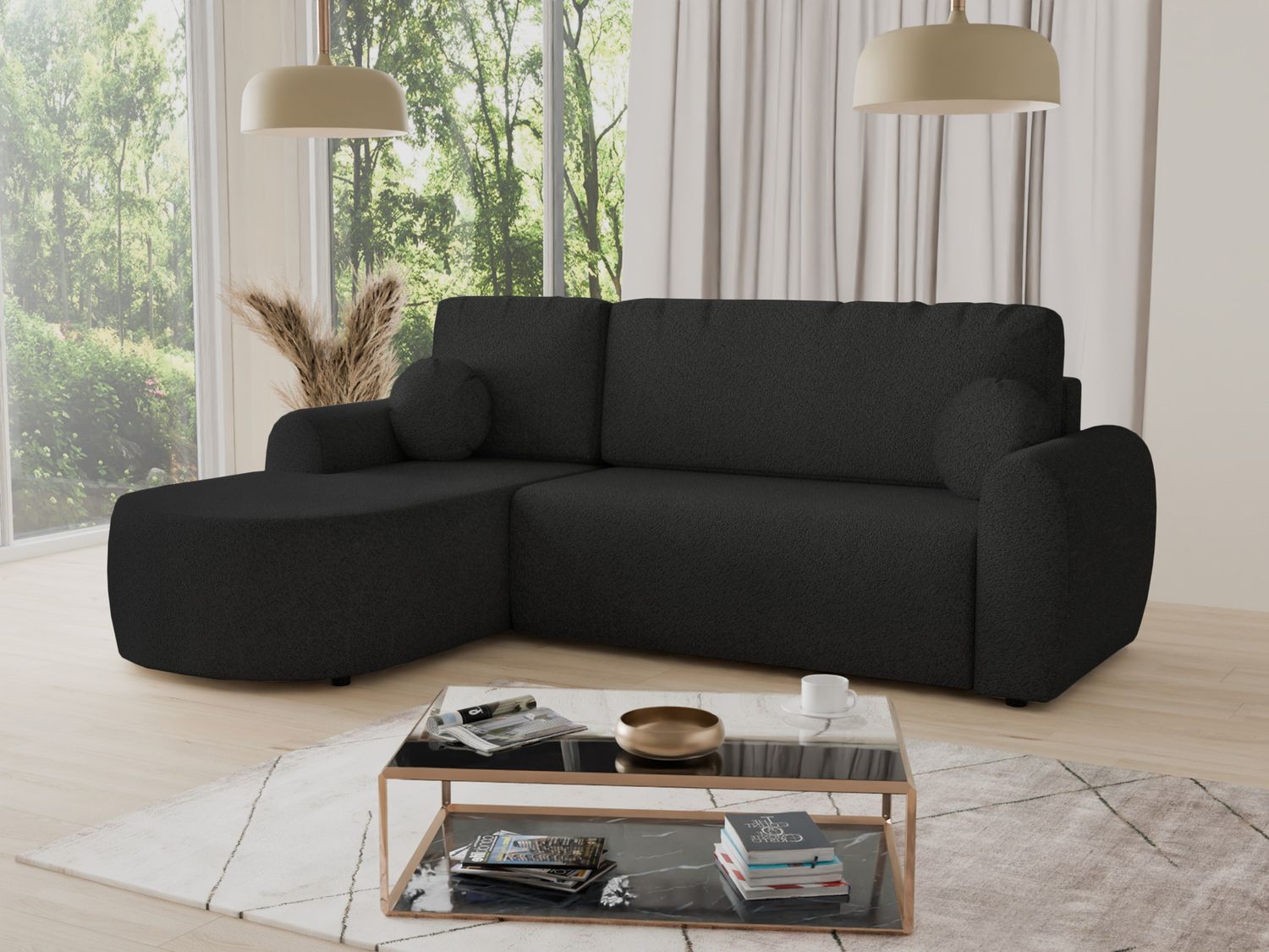 Ecksofa Jazz mit Schlaffunktion und Bettkasten - Bouclé-Stoff - L-Form Couch, Polstersofa, Schlafsofa, Sofagarnitur, Bettsofa (Schwarz (Coral 60), Ecksofa Links) Bild 1