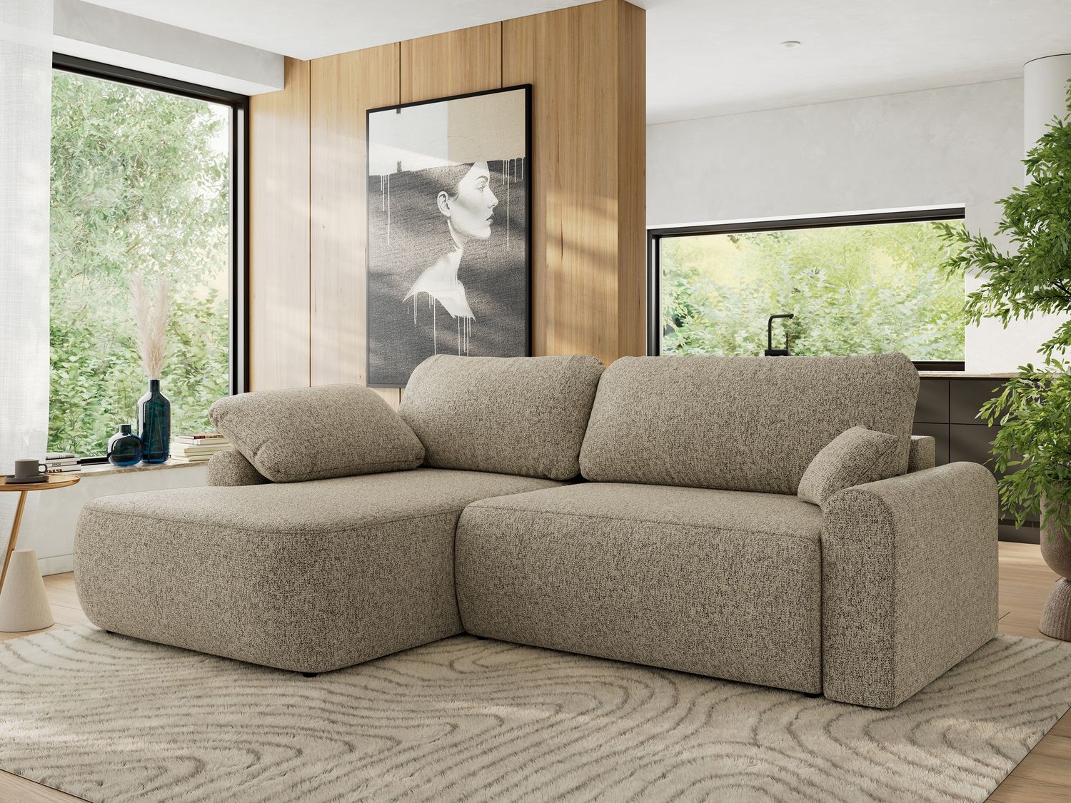 Ecksofa, L-förmiges, lose Kissen, DL-Schlaffunktion, (H 100 x T 187 x B 273 cm) - CUBO L - Struktur Dunkelbeige - linke Seite Bild 1