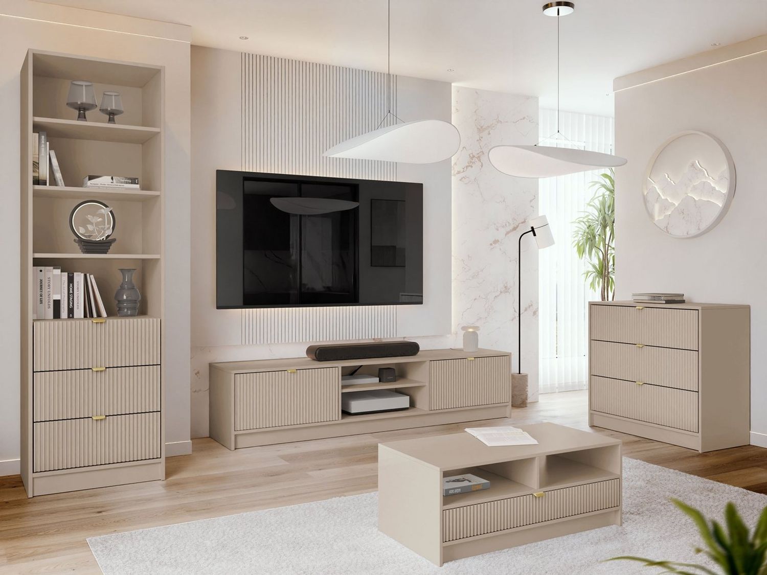 MIRJAN24 Wohnzimmer-Set Tireno VII, (4er-Set, Kommode, TV-Lowboard, Regal, Couchtisch), Aluminiumgriffe in der Farbe Gold Bild 1