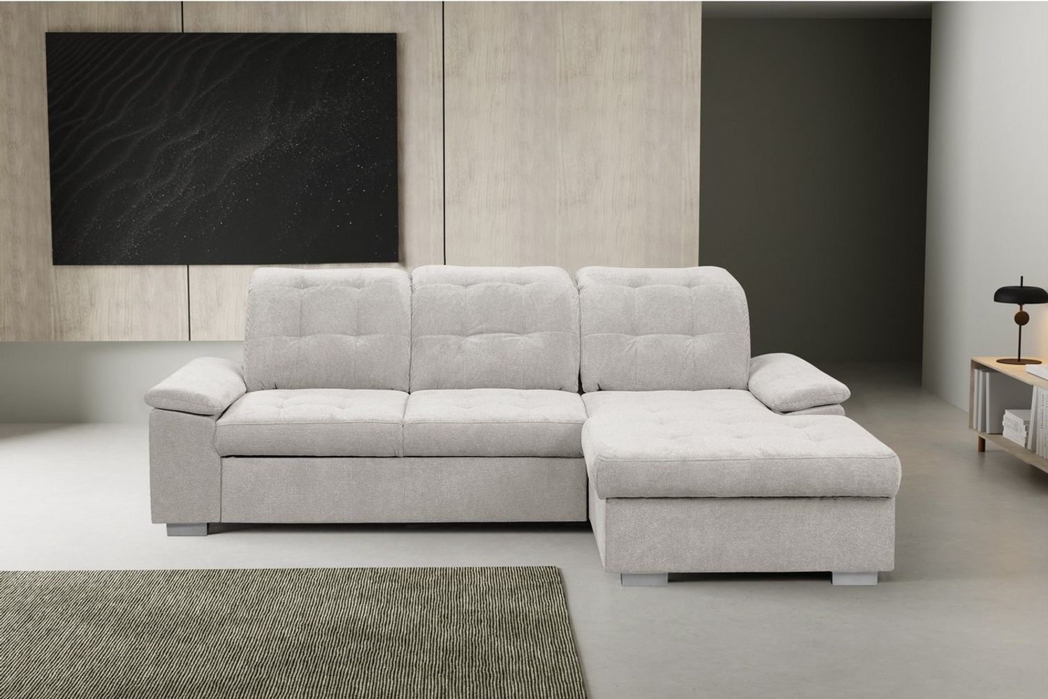 WERK2 Ecksofa Carmen, mit Bettfunktion & Bettkasten, optional Sitztiefenverstellung, ohne Sitztiefenverstellung, Luxus-Microfaser Chenille, Creme Bild 1