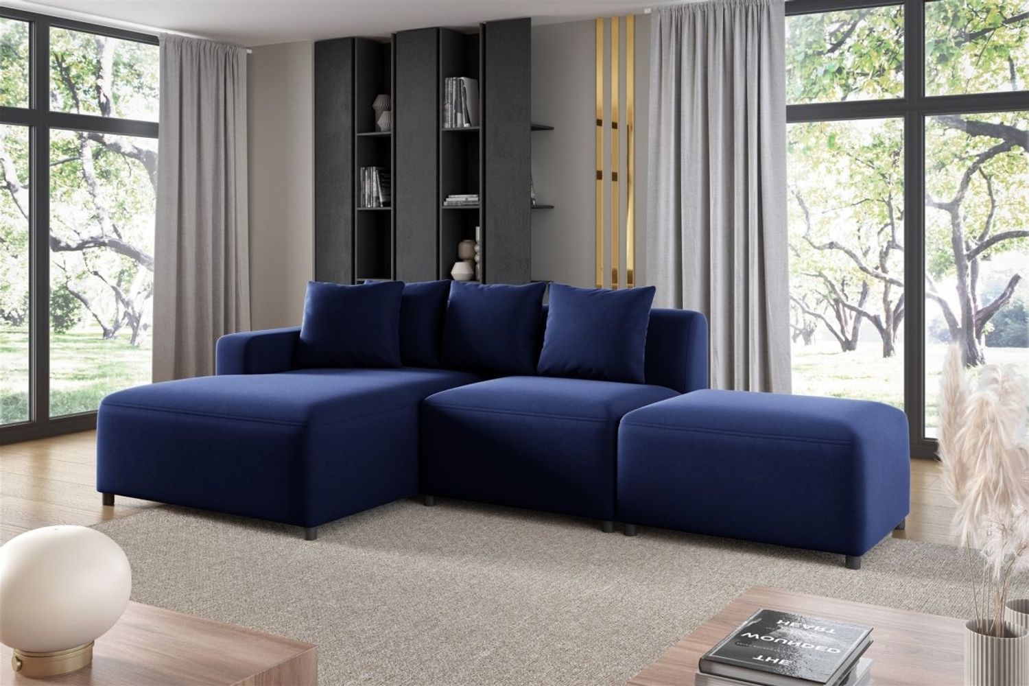 Ecksofa Designersofa MEGAN XS inkl. Hocker Stoff Salvador Dunkelblau Ottomane Links Bild 1