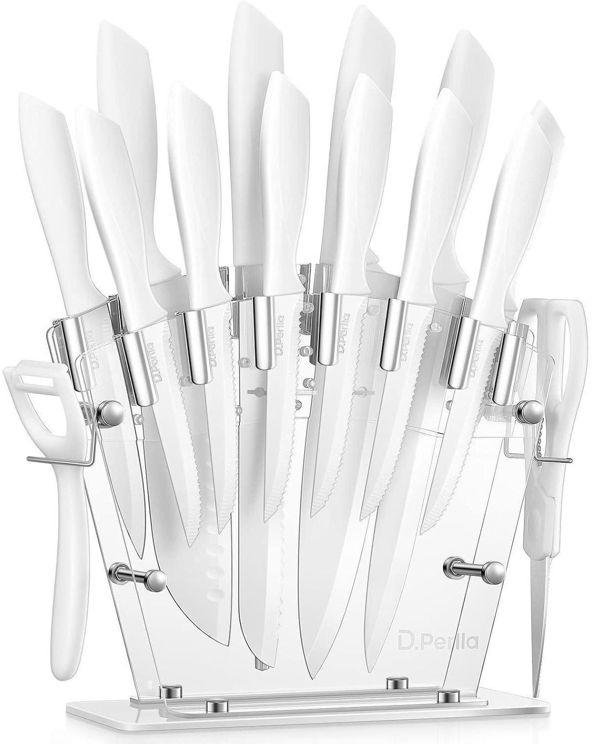 Messerblock mit Messer 16 TLG Messer Set Weiß Antihaft Beschichtung Acrylhalter Bild 1
