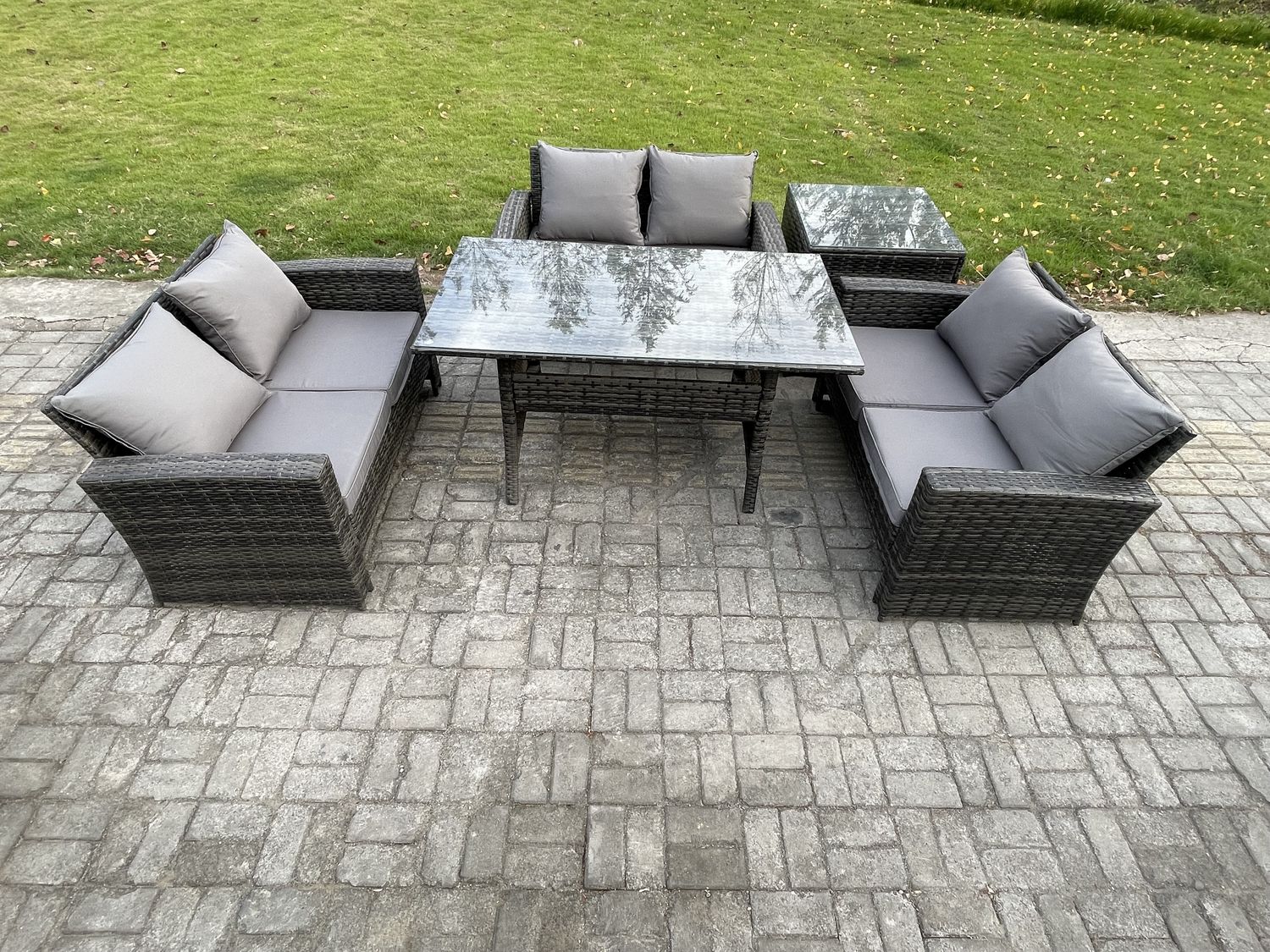 Fimous 6 Sitzer Polyrattan Gartenmöbel Set Terrassen Set mit Esstisch Doppelsitzsofa Beistelltisch Bild 1