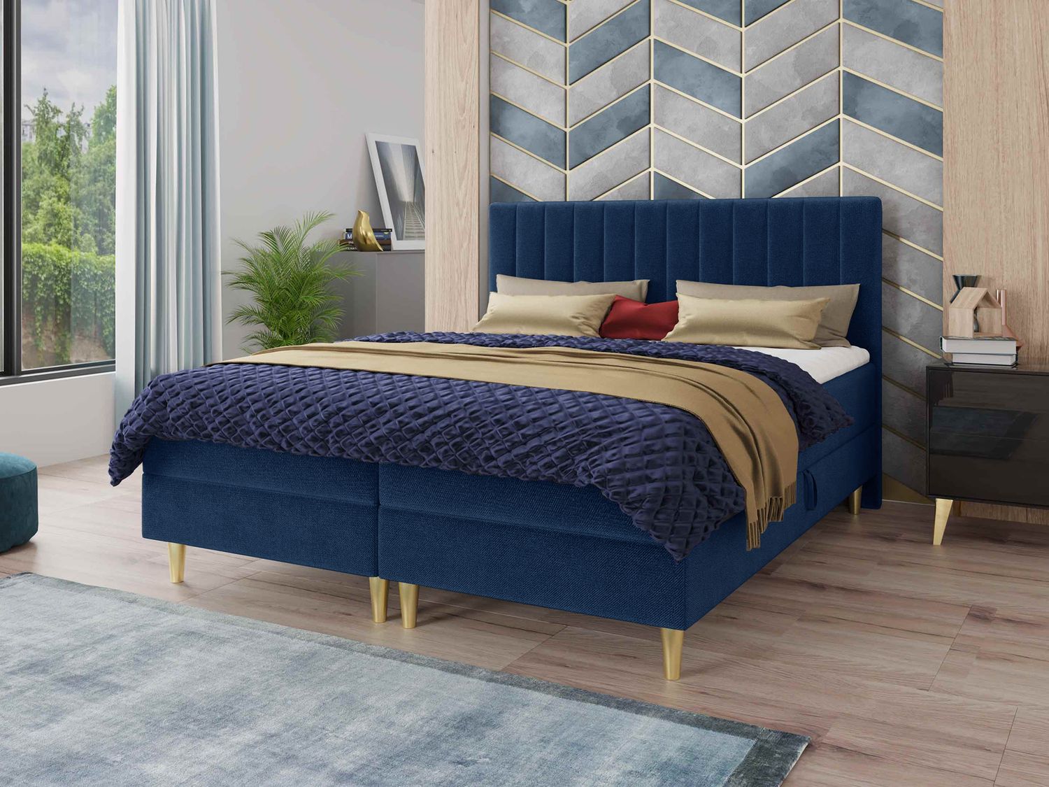 Boxspringbett Gold mit 2 Bettkästen und Topper - Doppelbett, Bonell-Matratze, Polsterbett, Bett mit Matratzentopper, Schlafzimmer, Velours Stoff (Blau (Manila 26), 180 x 200 cm) Bild 1