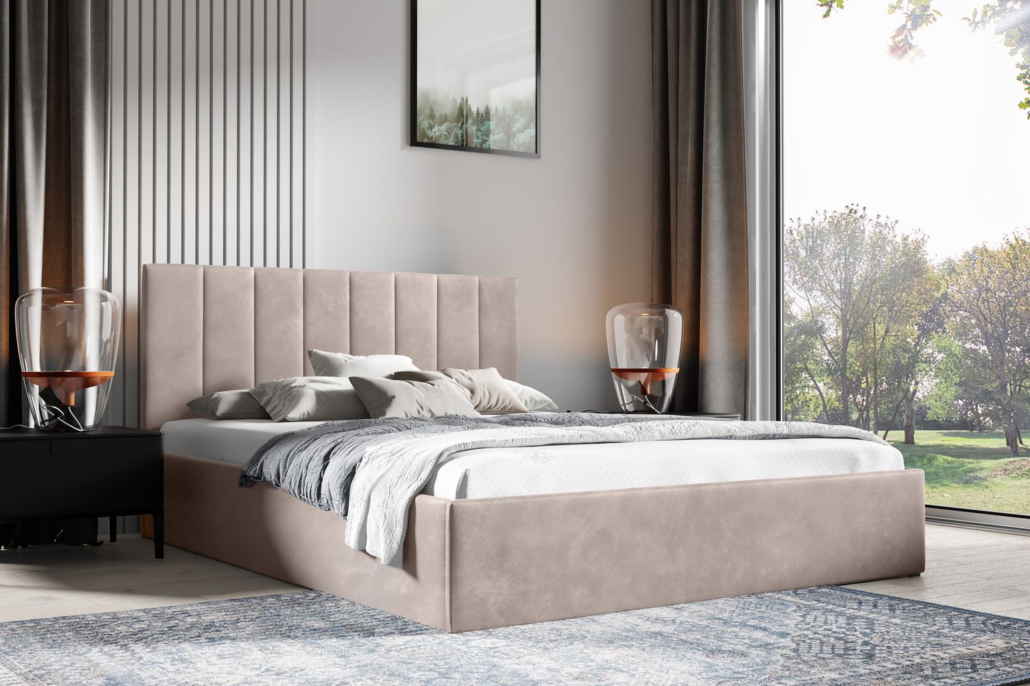 Jerpax Polsterbett gestepptes Kopfteil, stabiler Sperrholz-Bettrahmen, modernes Design MONTI (Trinity 05), Beige, 160x200 cm Bild 1